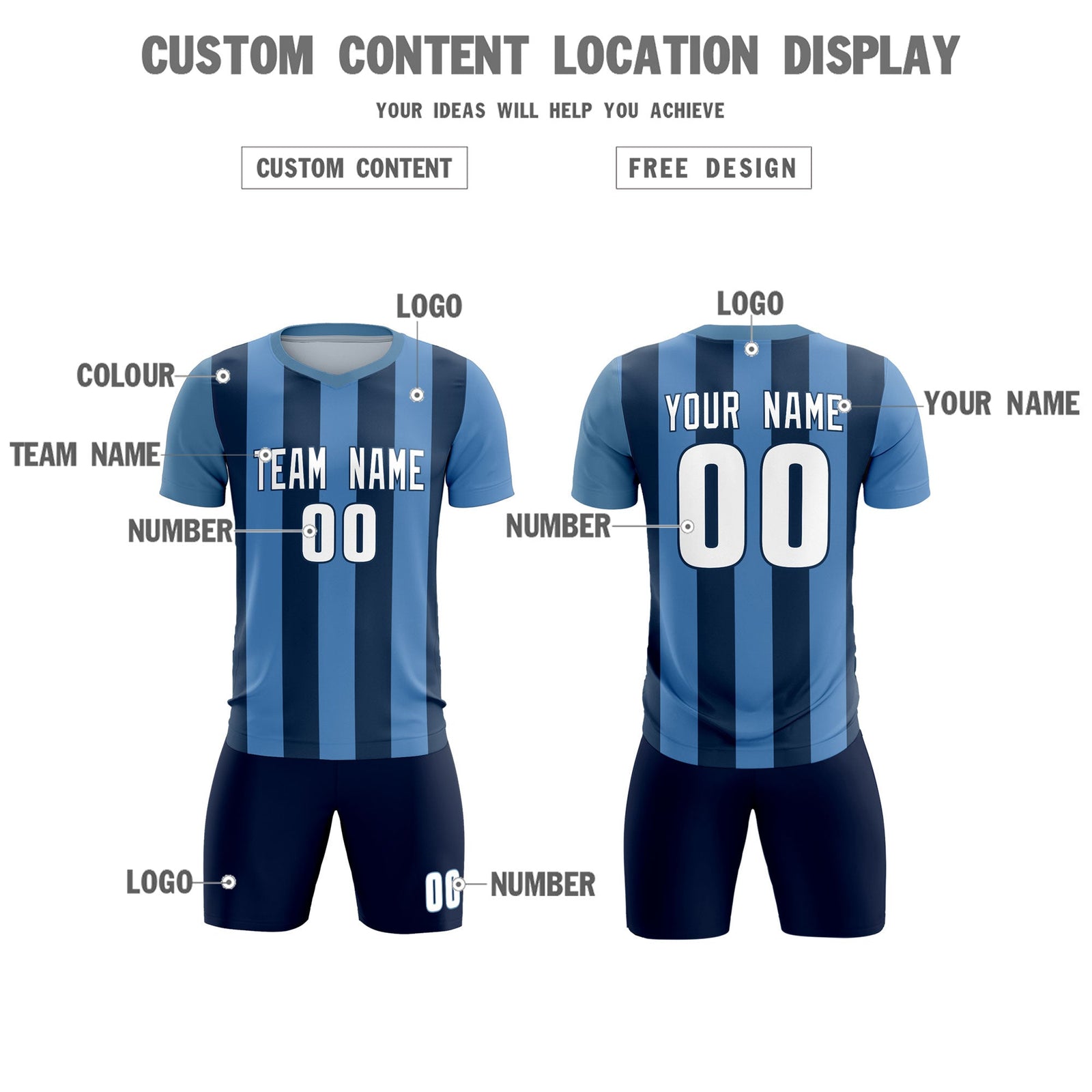 Custom Light Blue Midnight Blue Vertical Stripes Casual Outdoor Soccer Sets Jersey