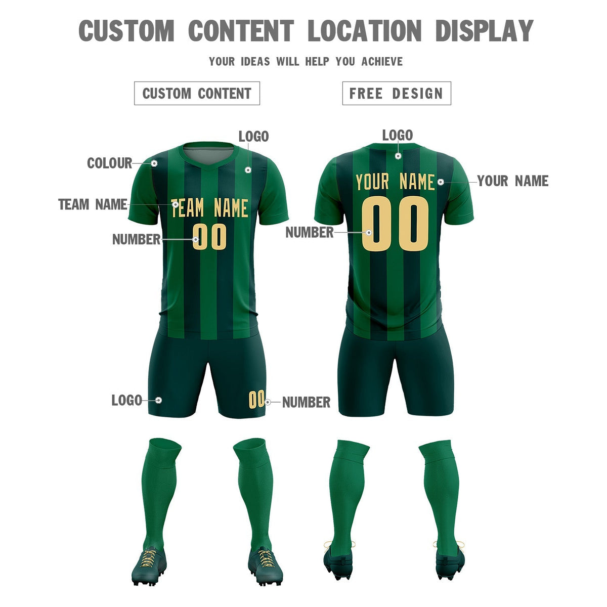 Custom Kelly Green Midnight Green Vertical Stripes Casual Outdoor Soccer Sets Jersey