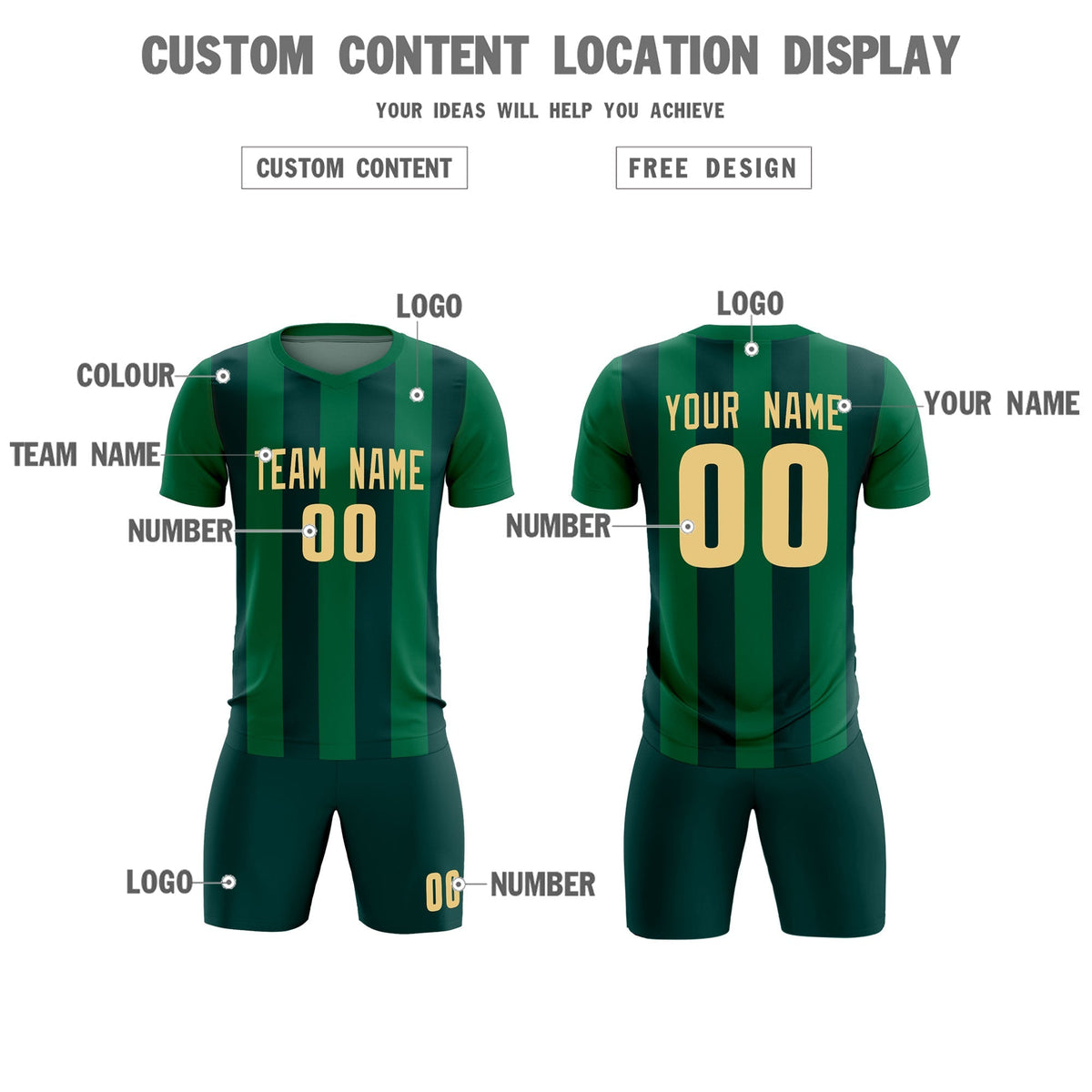 Custom Kelly Green Midnight Green Vertical Stripes Casual Outdoor Soccer Sets Jersey