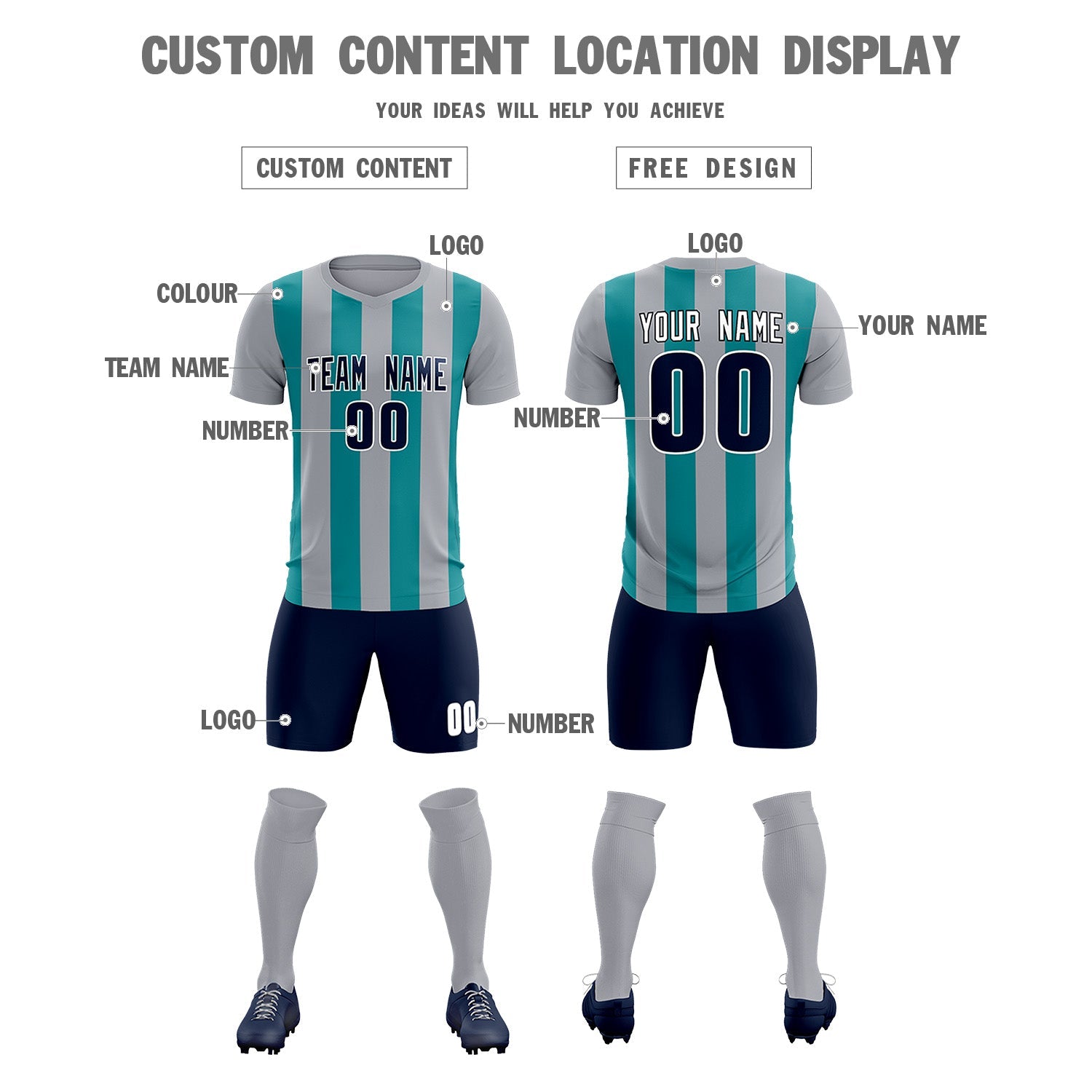 Custom Gray Aqua Vertical Stripes Casual Outdoor Soccer Sets Jersey