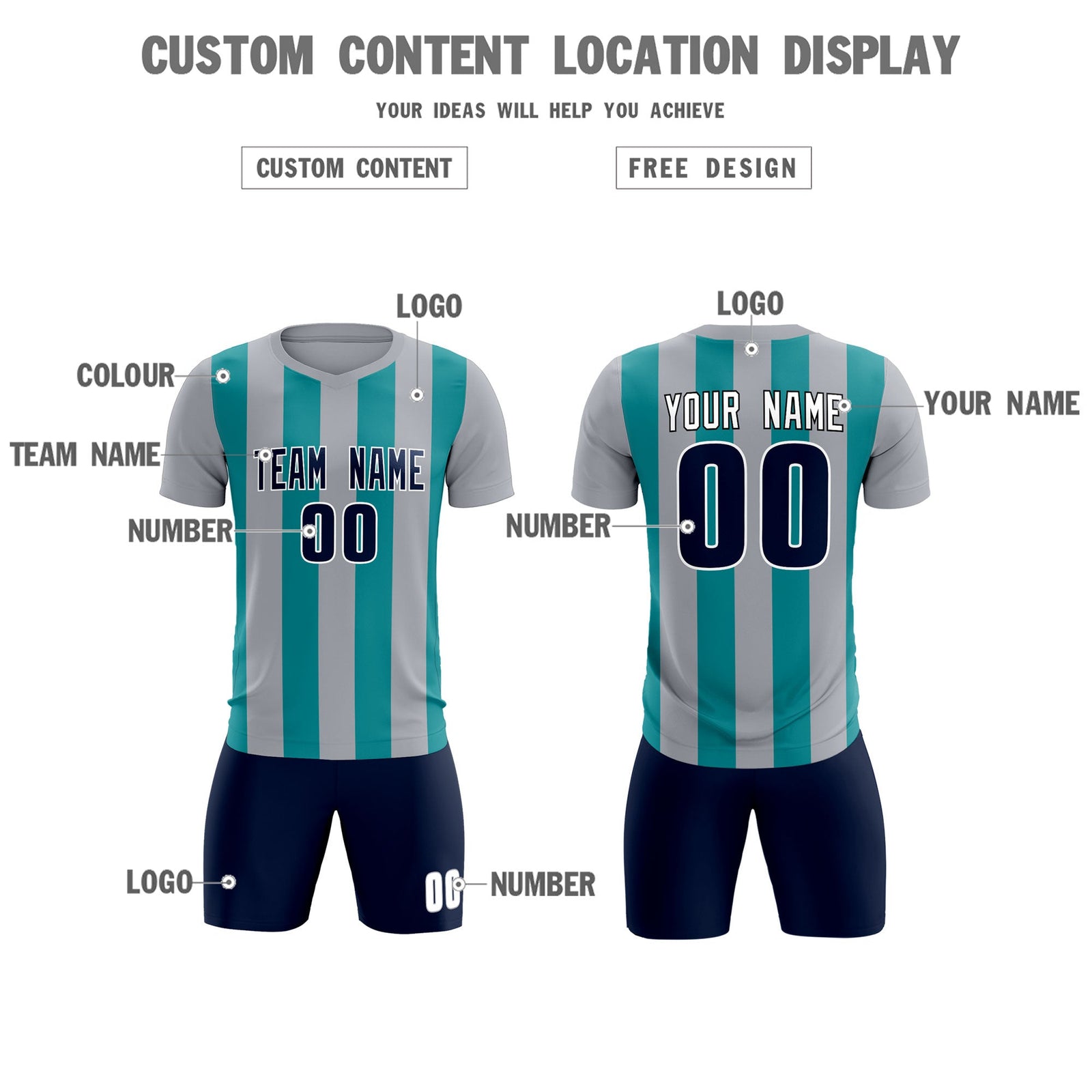 Custom Gray Aqua Vertical Stripes Casual Outdoor Soccer Sets Jersey