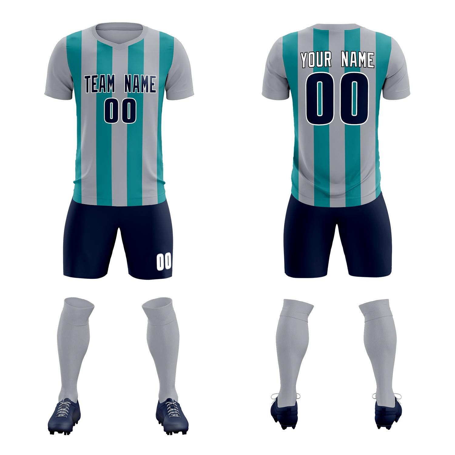 Custom Gray Aqua Vertical Stripes Casual Outdoor Soccer Sets Jersey