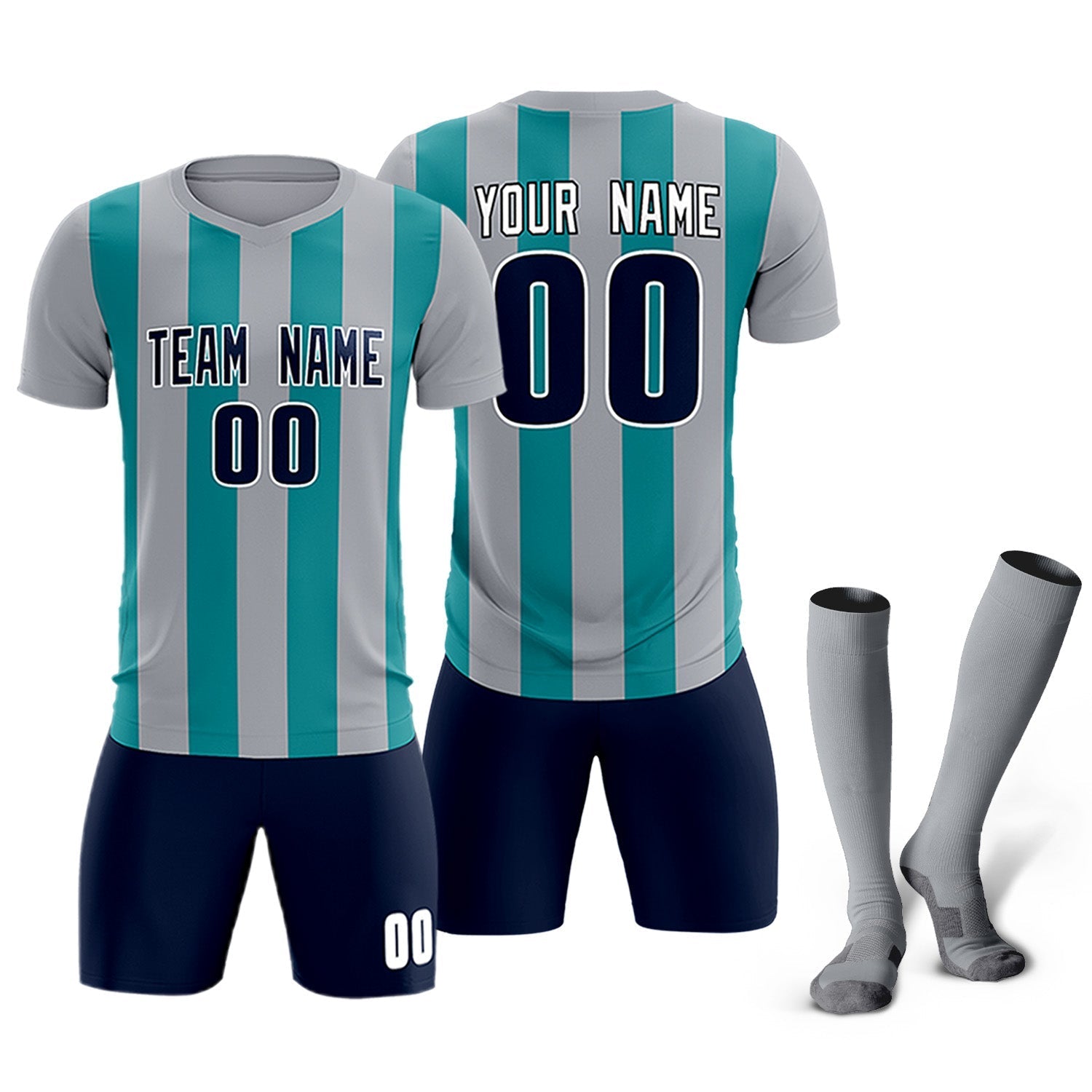 Custom Gray Aqua Vertical Stripes Casual Outdoor Soccer Sets Jersey