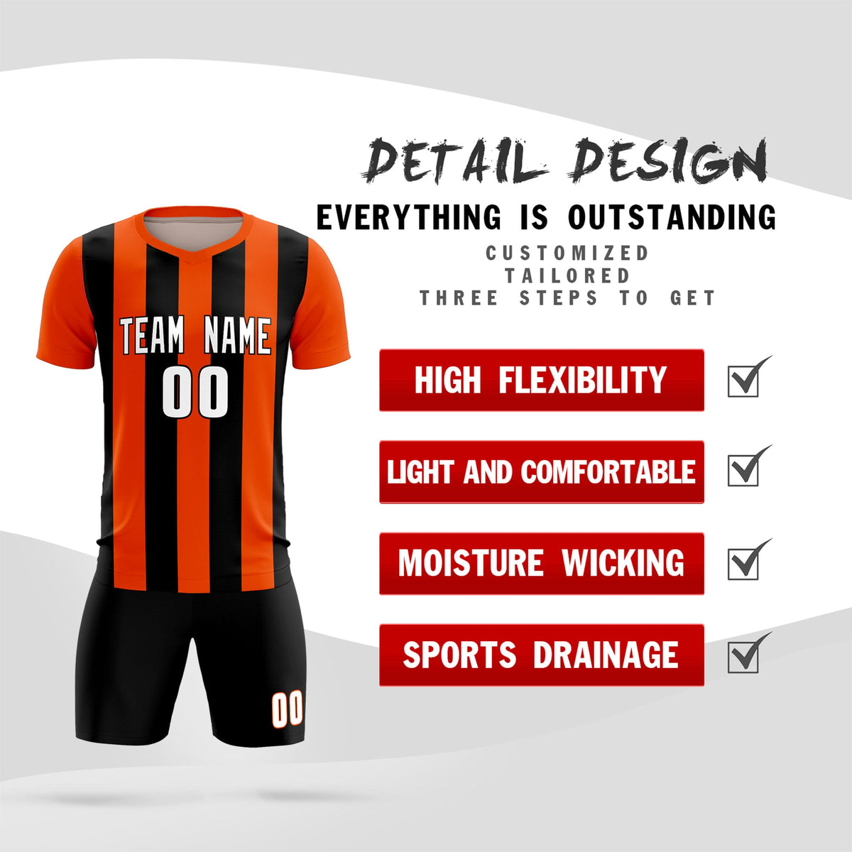 Custom Orange Black Vertical Stripes Casual Outdoor Soccer Sets Jersey