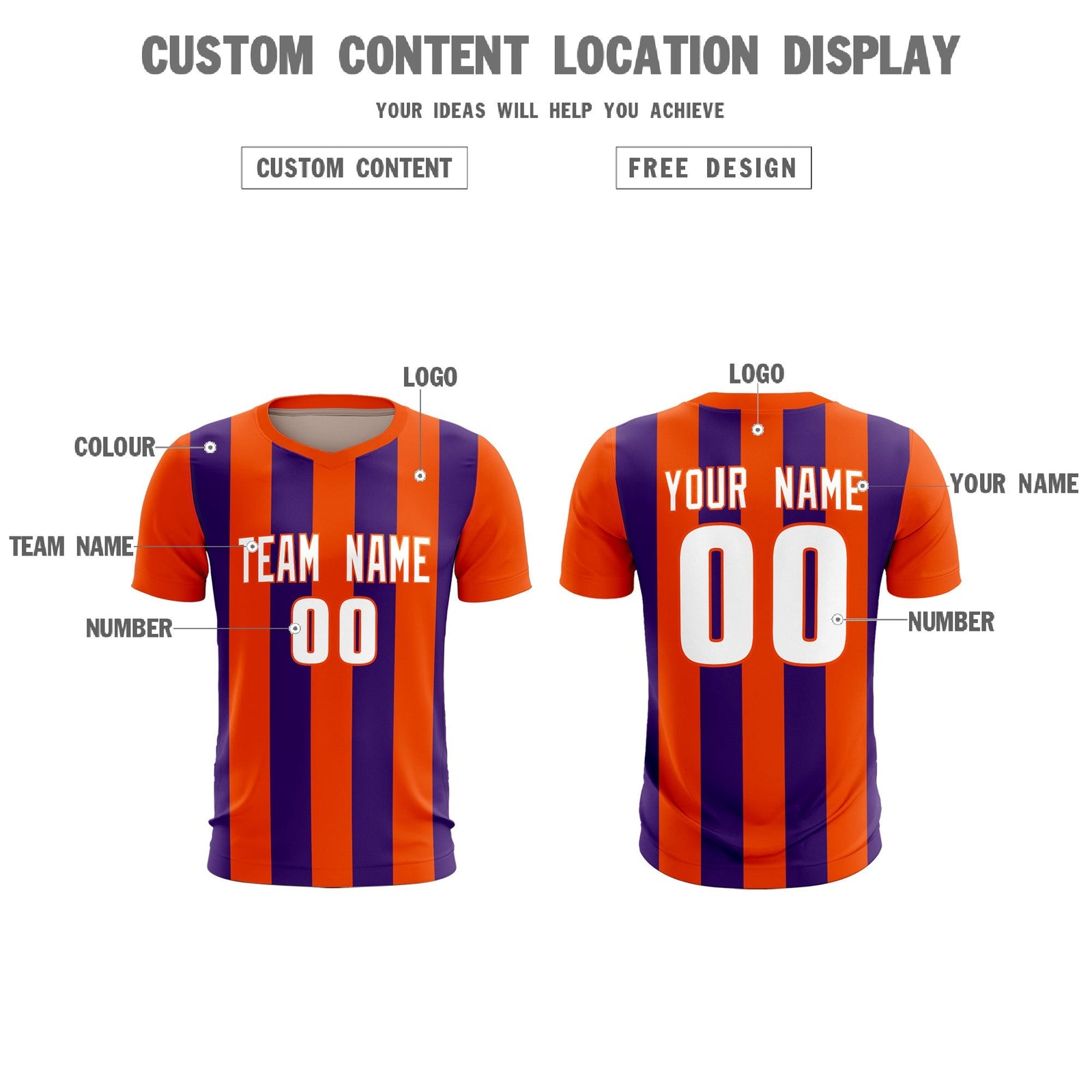 Custom Orange Purple Vertical Stripes Casual Outdoor Soccer Sets Jersey
