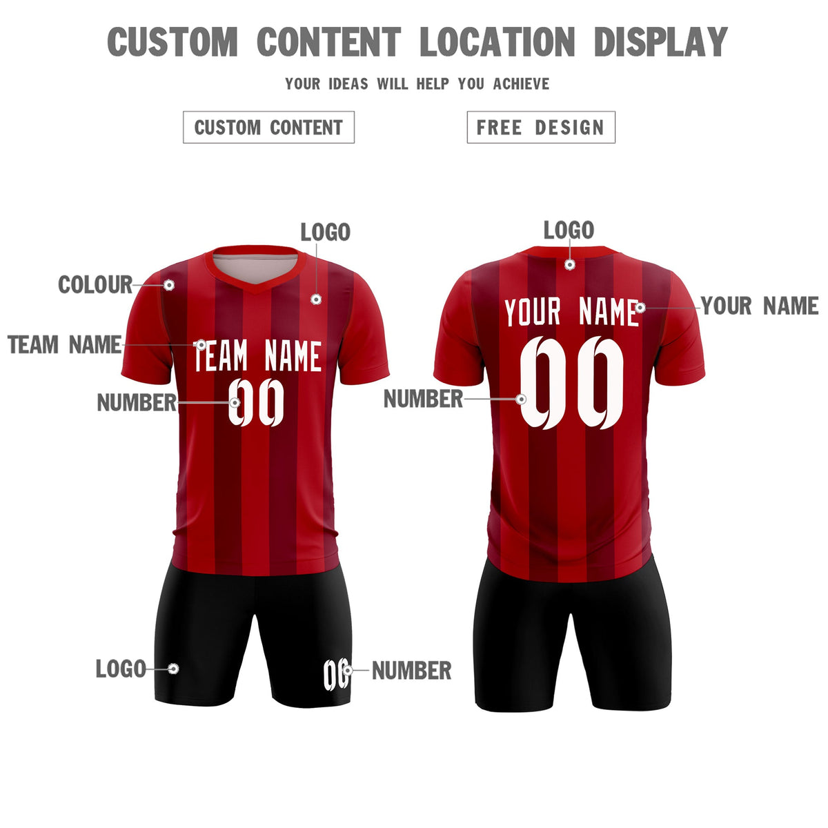 Custom Red Crimson Vertical Stripes Casual Outdoor Soccer Sets Jersey