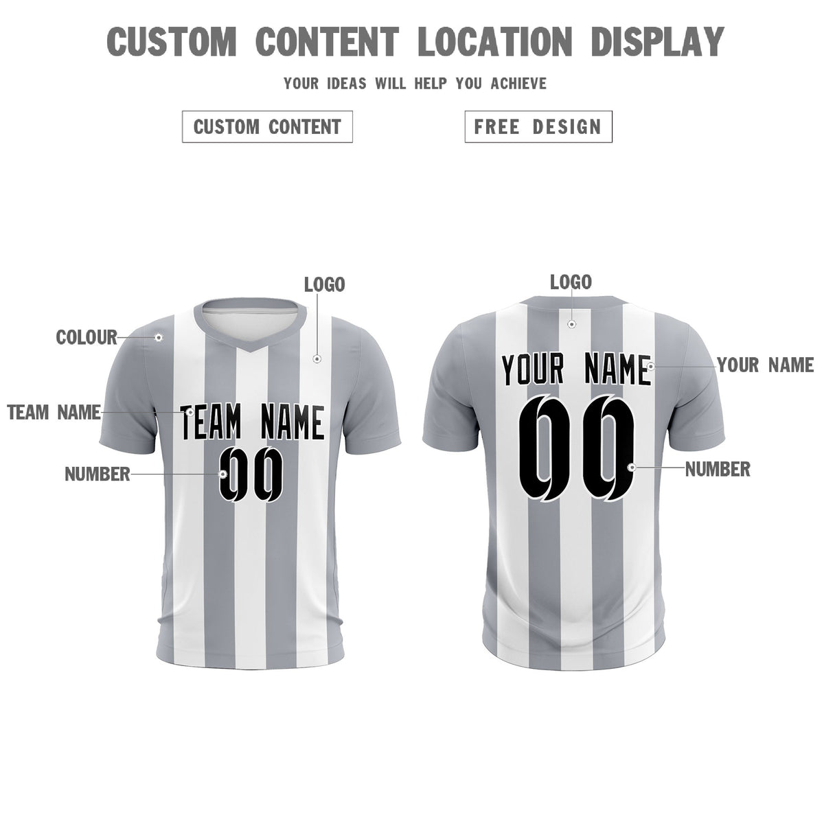 Custom White Gray Vertical Stripes Casual Outdoor Soccer Sets Jersey