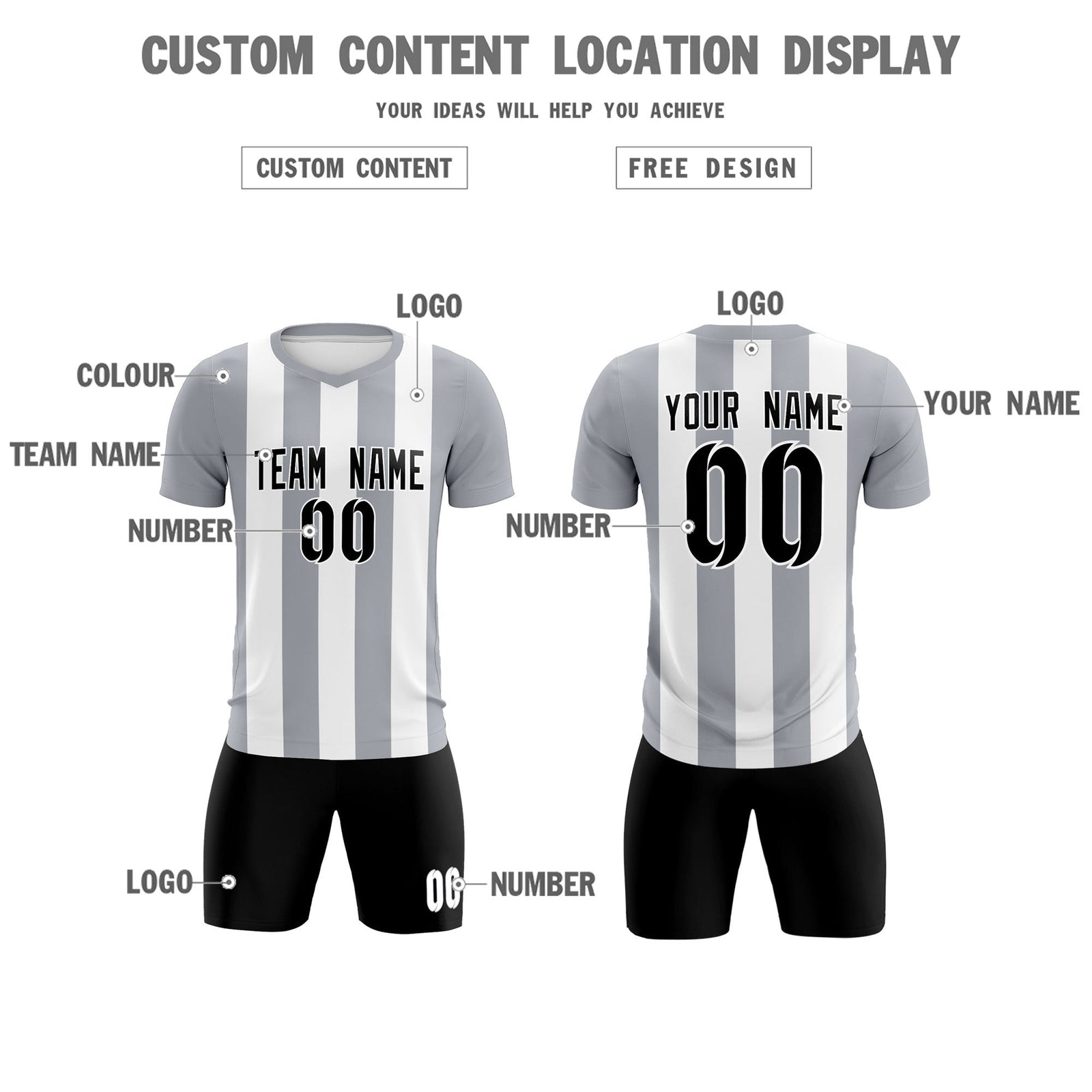 Custom White Gray Vertical Stripes Casual Outdoor Soccer Sets Jersey