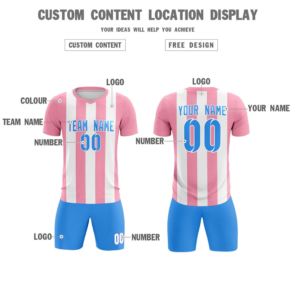 Custom White Light Pink Vertical Stripes Casual Outdoor Soccer Sets Jersey