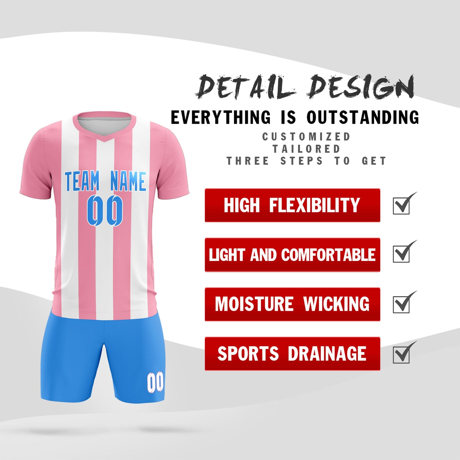 Custom White Light Pink Vertical Stripes Casual Outdoor Soccer Sets Jersey