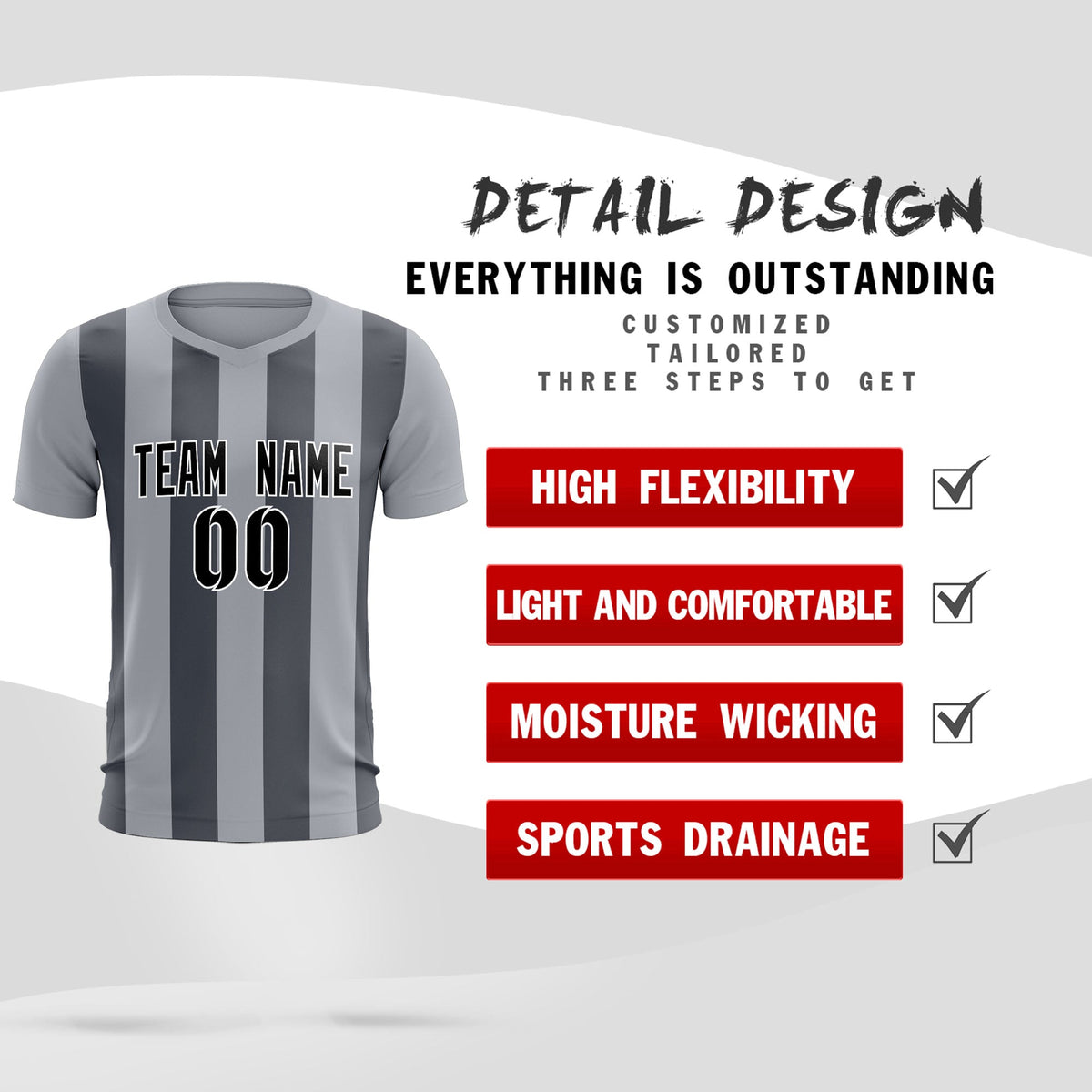 Custom Gray Dark Gray Vertical Stripes Casual Outdoor Soccer Sets Jersey