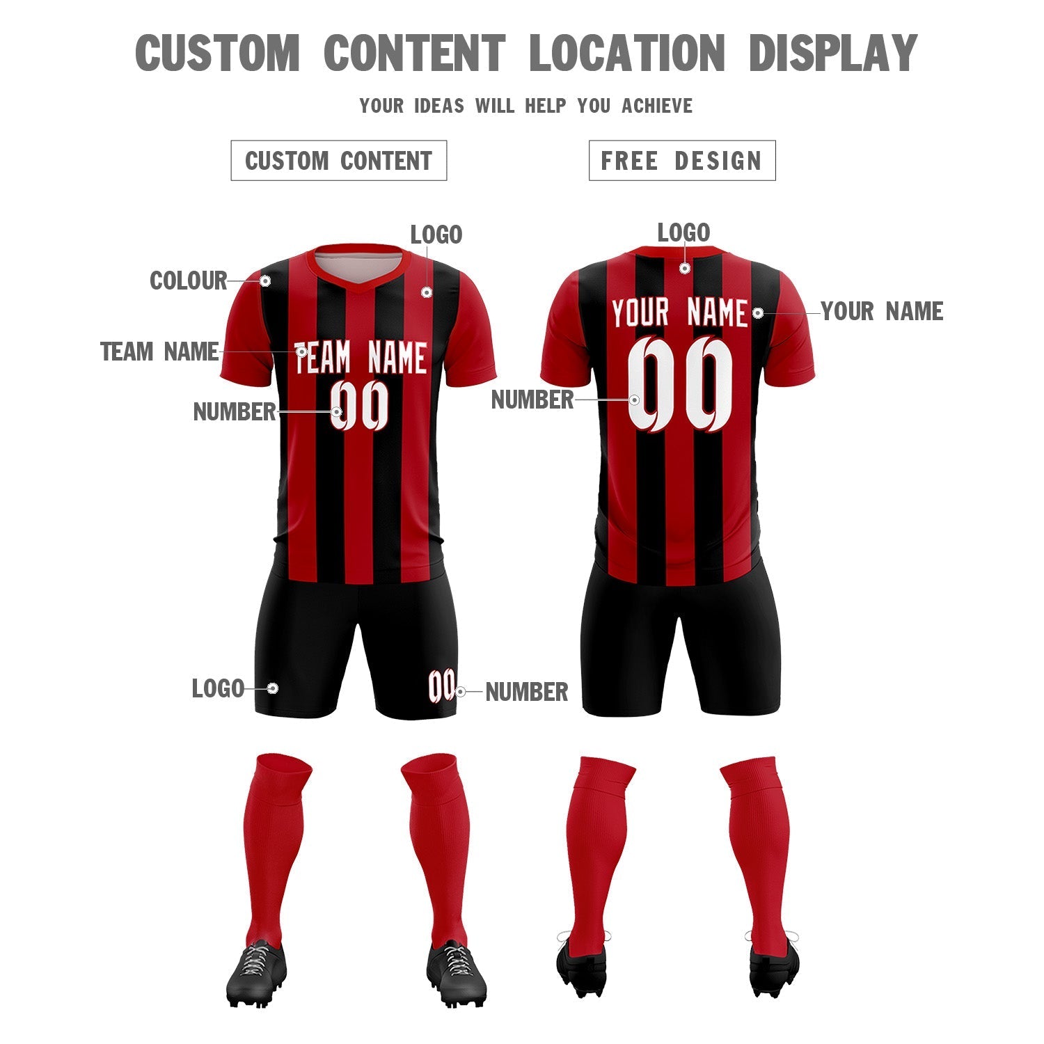 Custom Red Black Vertical Stripes Casual Outdoor Soccer Sets Jersey