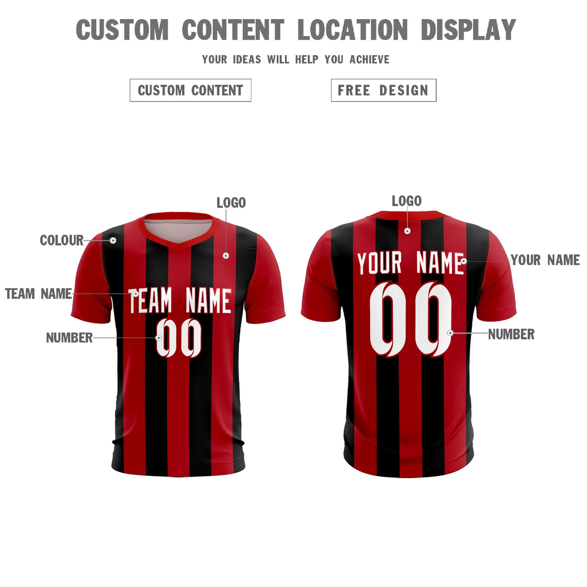 Custom Red Black Vertical Stripes Casual Outdoor Soccer Sets Jersey