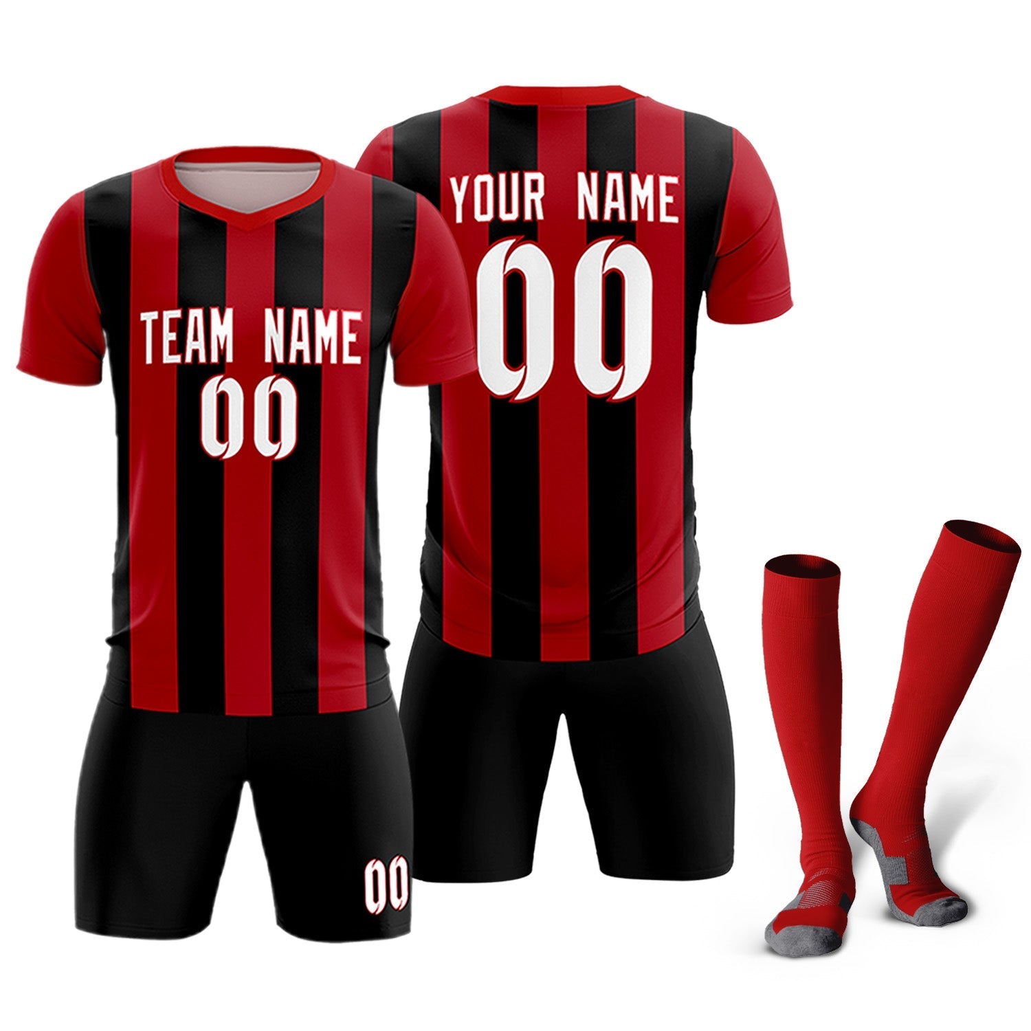 Custom Red Black Vertical Stripes Casual Outdoor Soccer Sets Jersey