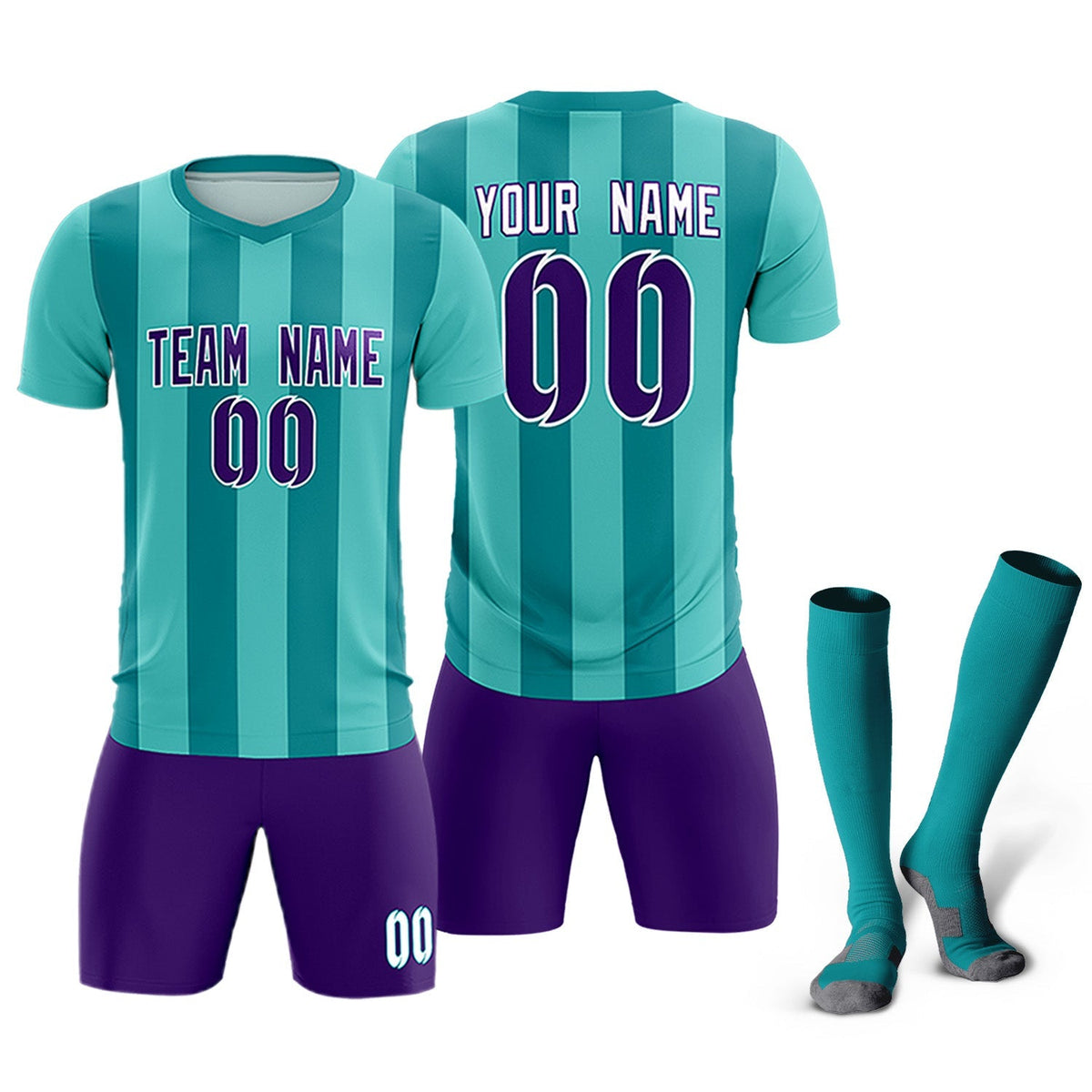 Custom Bright Green Aqua Vertical Stripes Casual Outdoor Soccer Sets Jersey