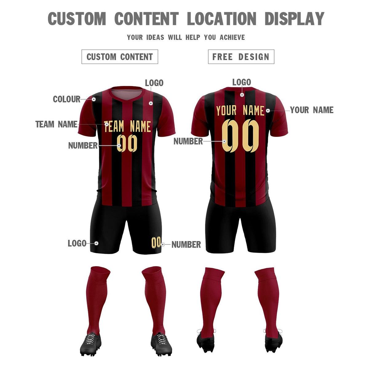 Custom Crimson Black Vertical Stripes Casual Outdoor Soccer Sets Jersey