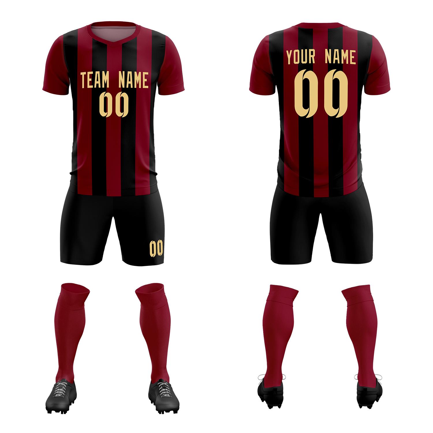 Custom Crimson Black Vertical Stripes Casual Outdoor Soccer Sets Jersey