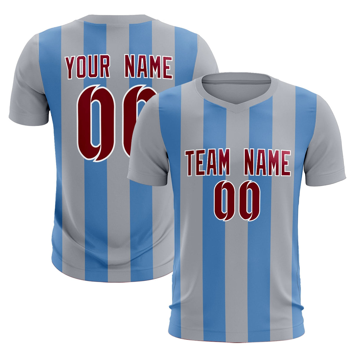 Custom Gray Light Blue Vertical Stripes Casual Outdoor Soccer Sets Jersey