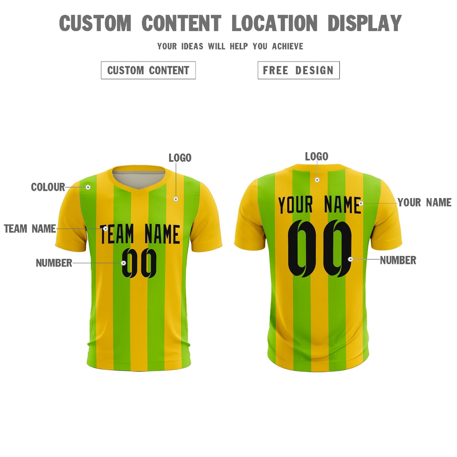 Custom Gold Neon Green Vertical Stripes Casual Outdoor Soccer Sets Jersey