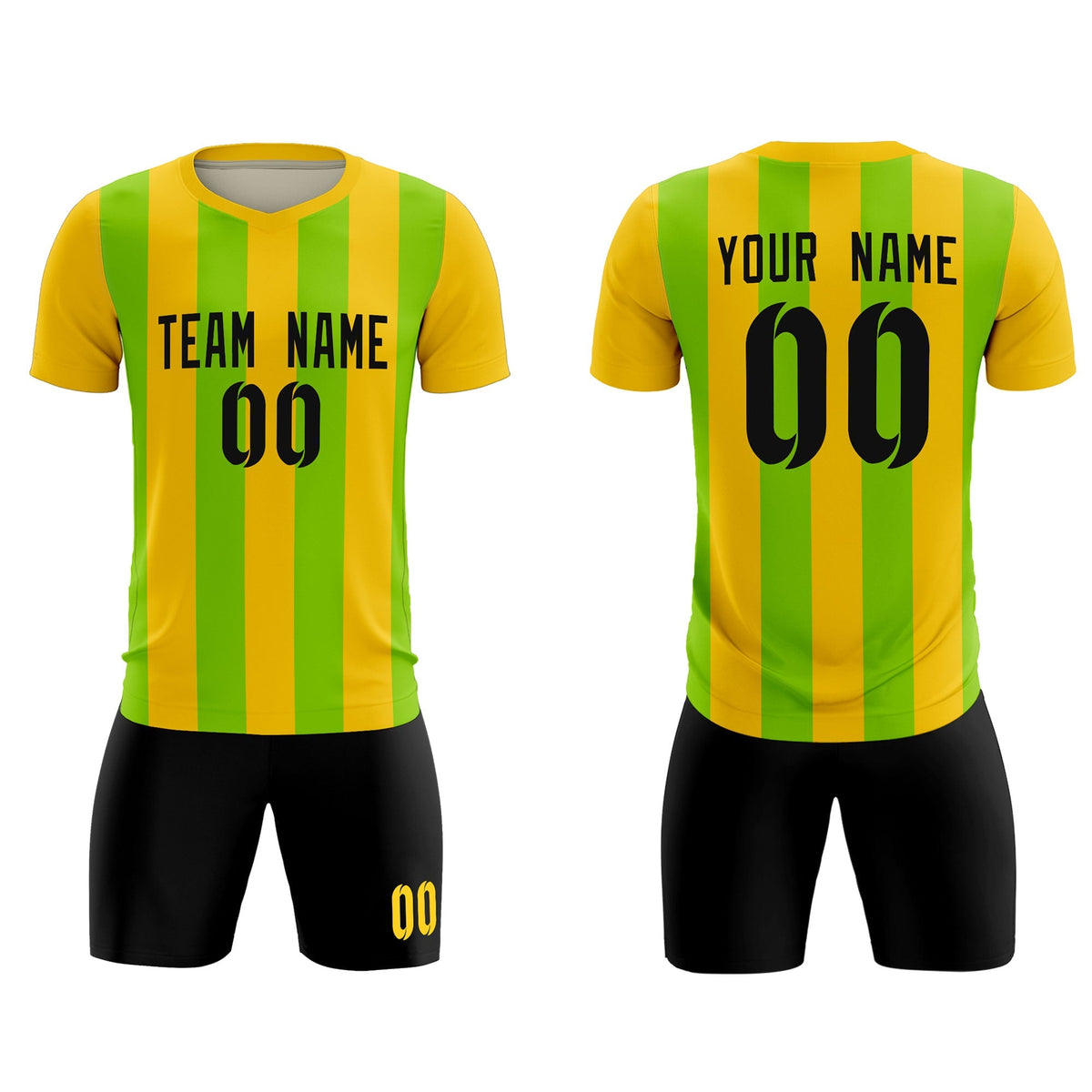 Custom Gold Neon Green Vertical Stripes Casual Outdoor Soccer Sets Jersey
