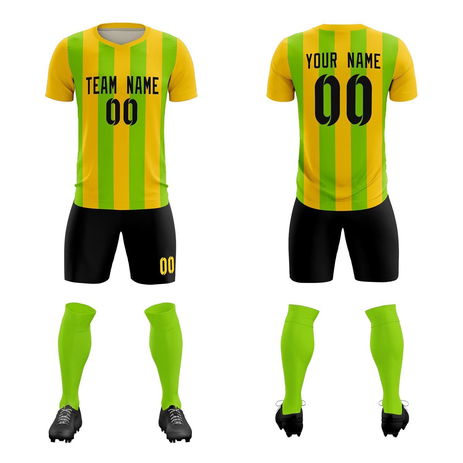 Custom Gold Neon Green Vertical Stripes Casual Outdoor Soccer Sets Jersey