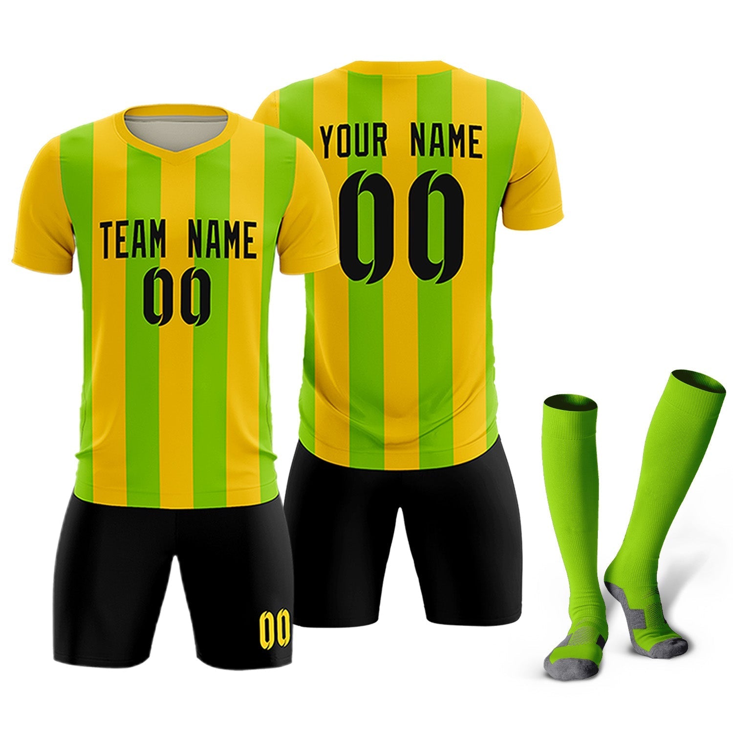 Custom Gold Neon Green Vertical Stripes Casual Outdoor Soccer Sets Jersey