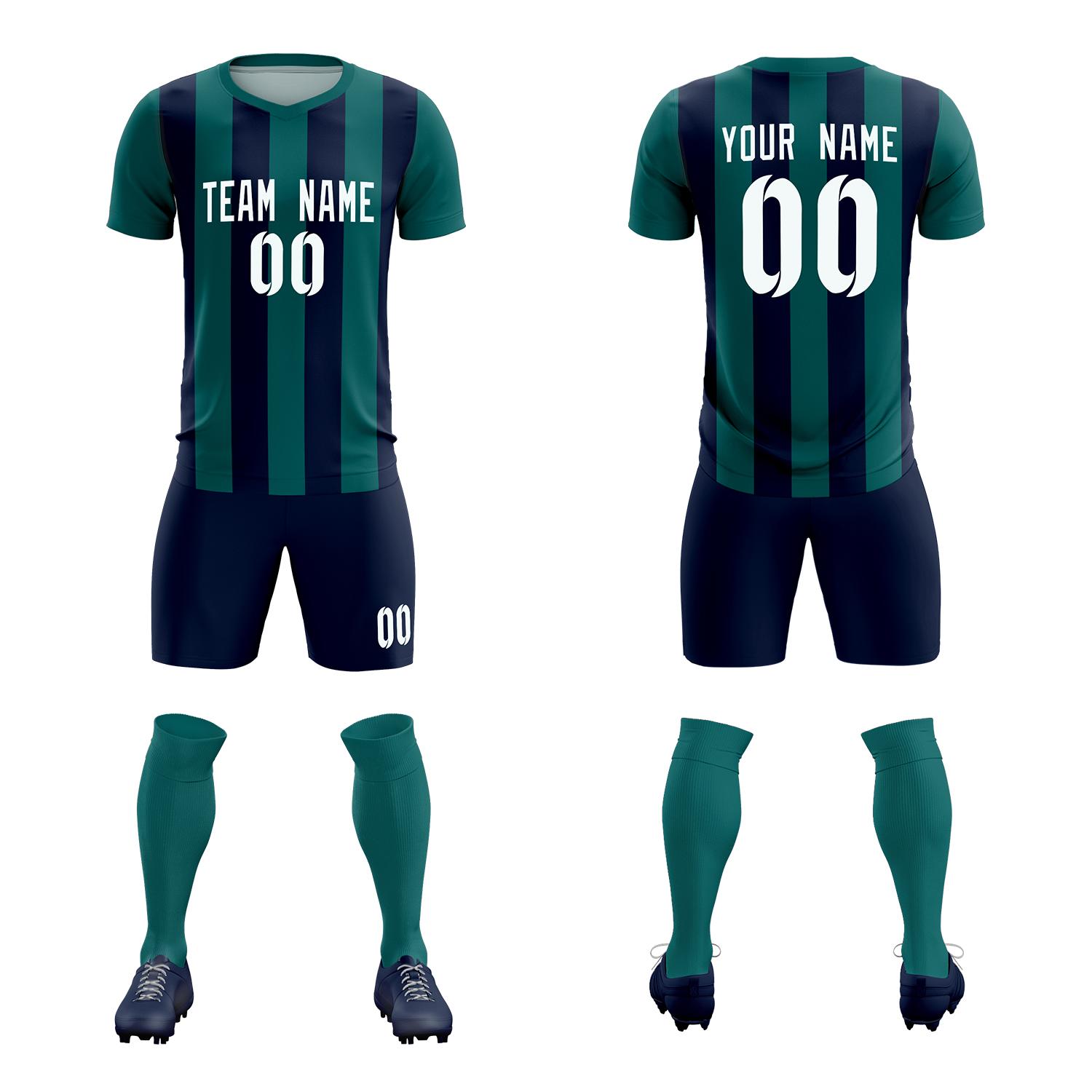 Custom Aqua Navy Vertical Stripes Casual Outdoor Soccer Sets Jersey