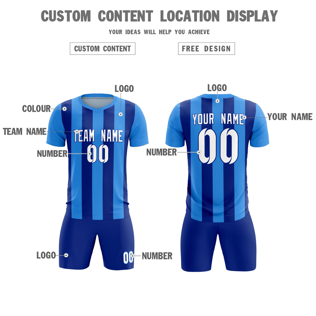 Custom Powder Blue Royal Vertical Stripes Casual Outdoor Soccer Sets Jersey