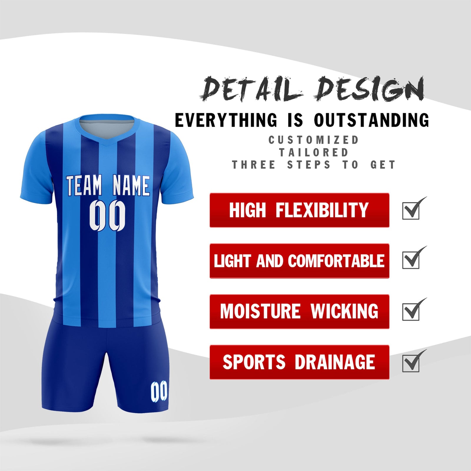 Custom Powder Blue Royal Vertical Stripes Casual Outdoor Soccer Sets Jersey