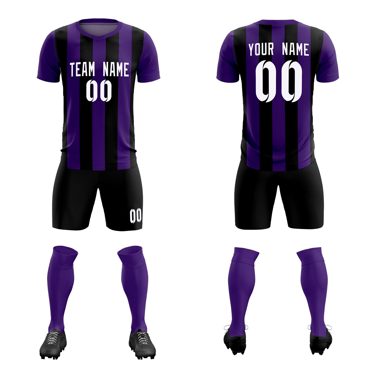 Custom Purple Black Vertical Stripes Casual Outdoor Soccer Sets Jersey