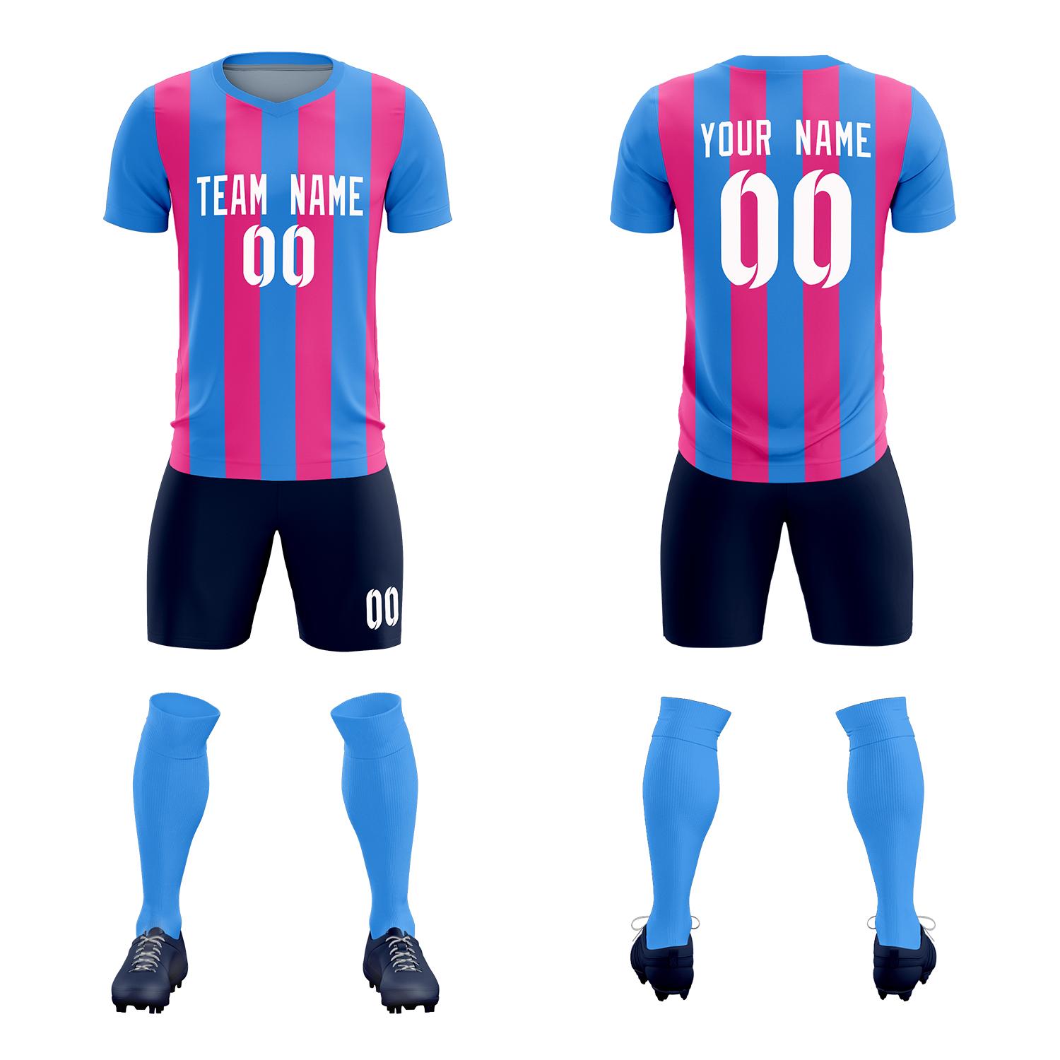 Custom Powder Blue Pink Vertical Stripes Casual Outdoor Soccer Sets Jersey