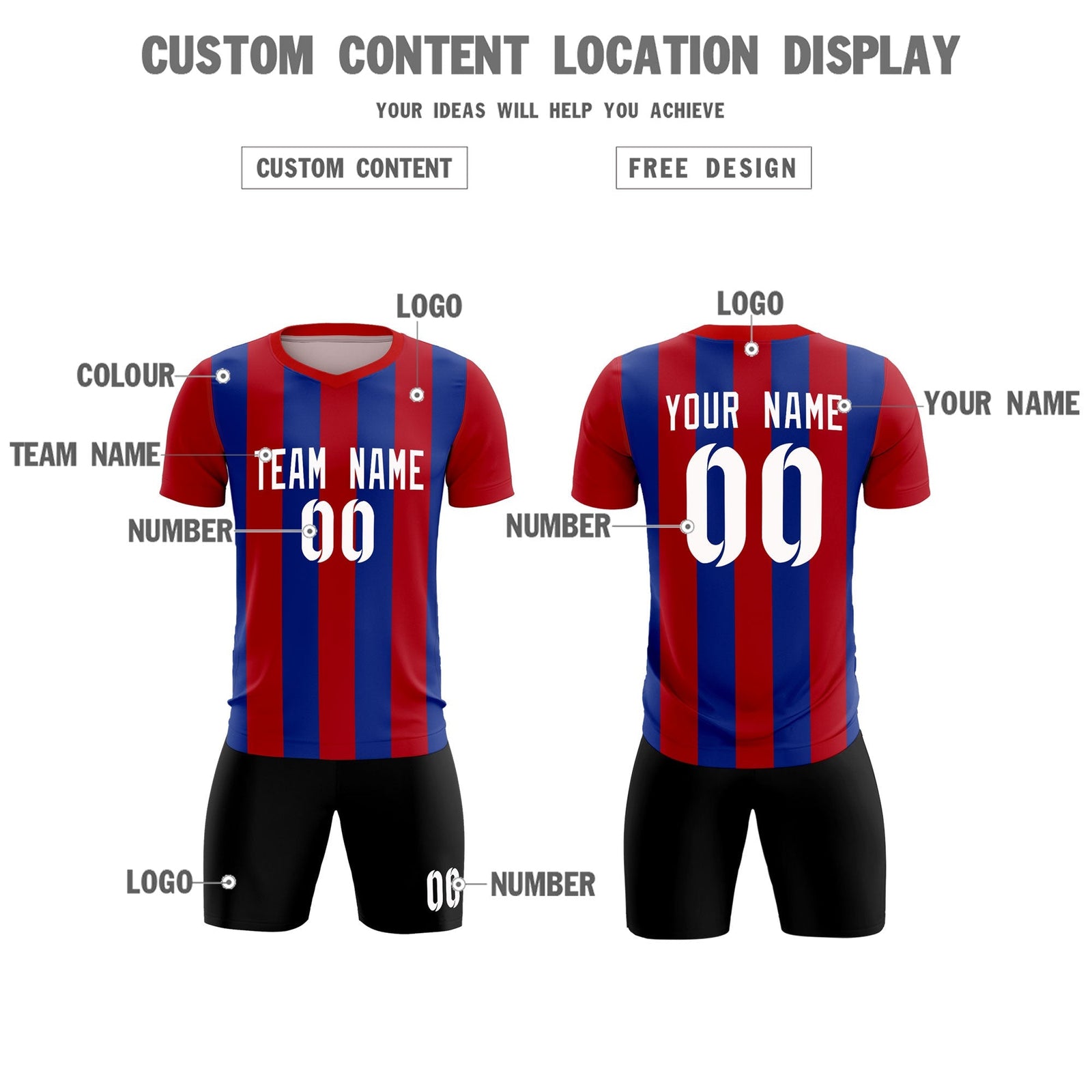Custom Red Royal Vertical Stripes Casual Outdoor Soccer Sets Jersey