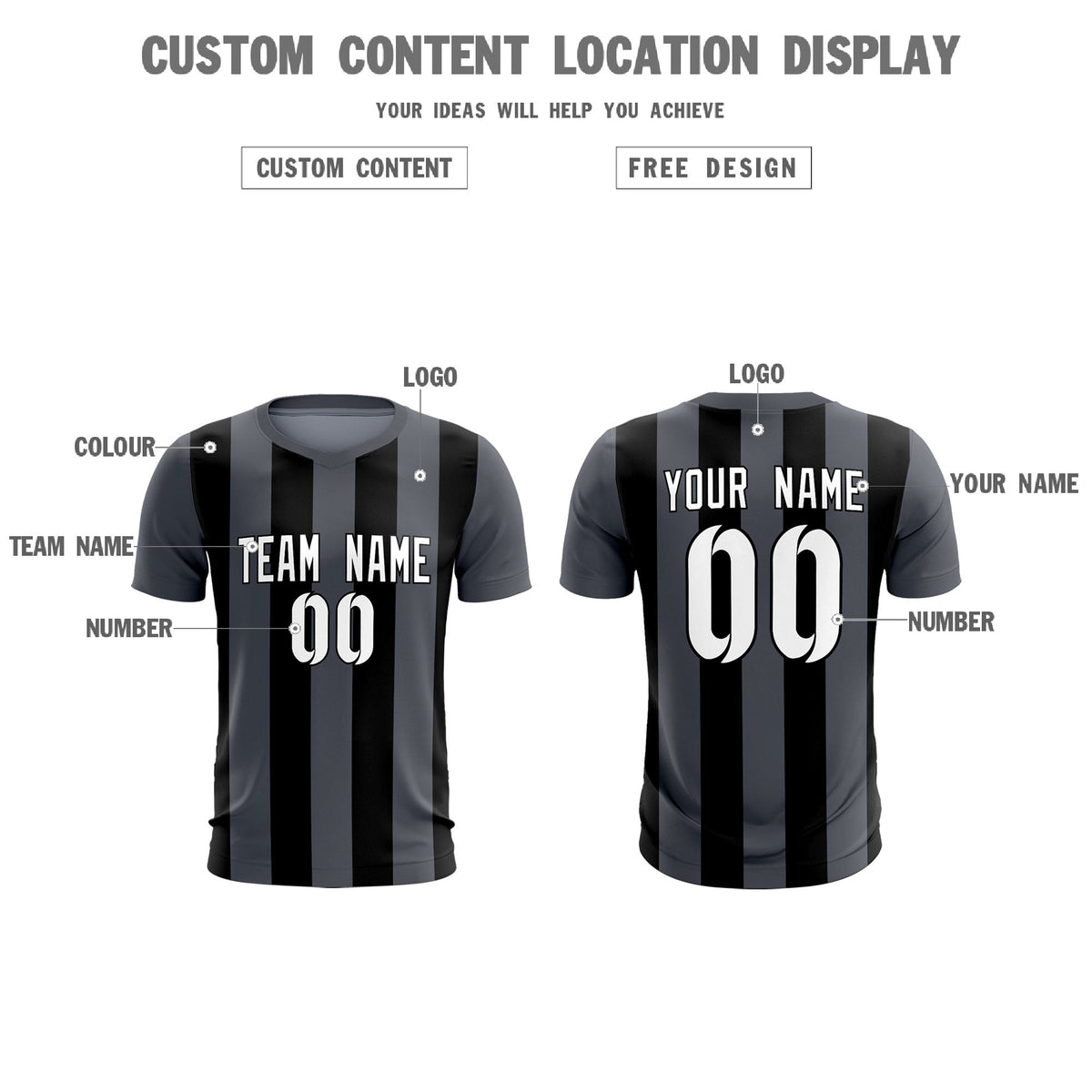 Custom Dark Gray Black Vertical Stripes Casual Outdoor Soccer Sets Jersey