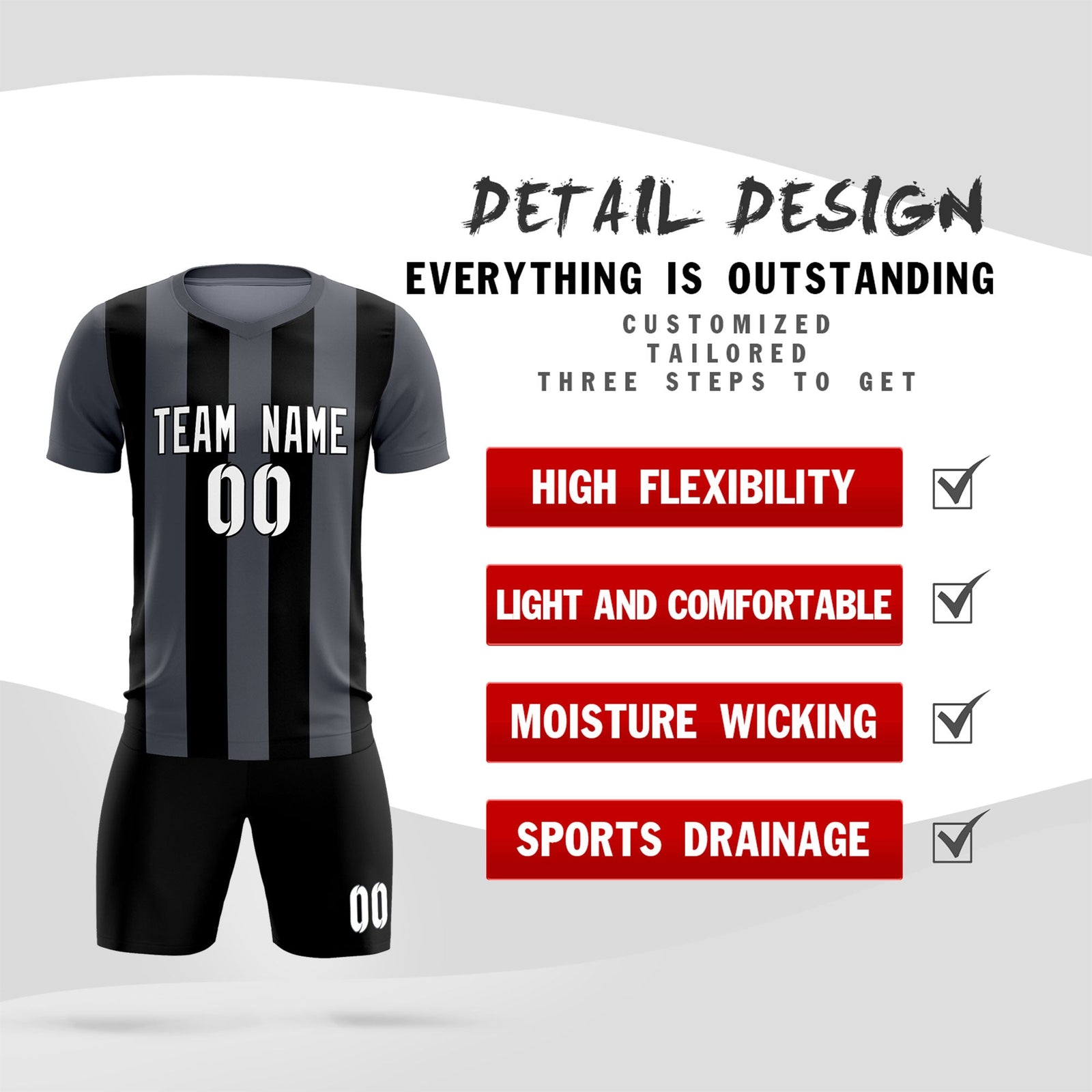 Custom Dark Gray Black Vertical Stripes Casual Outdoor Soccer Sets Jersey