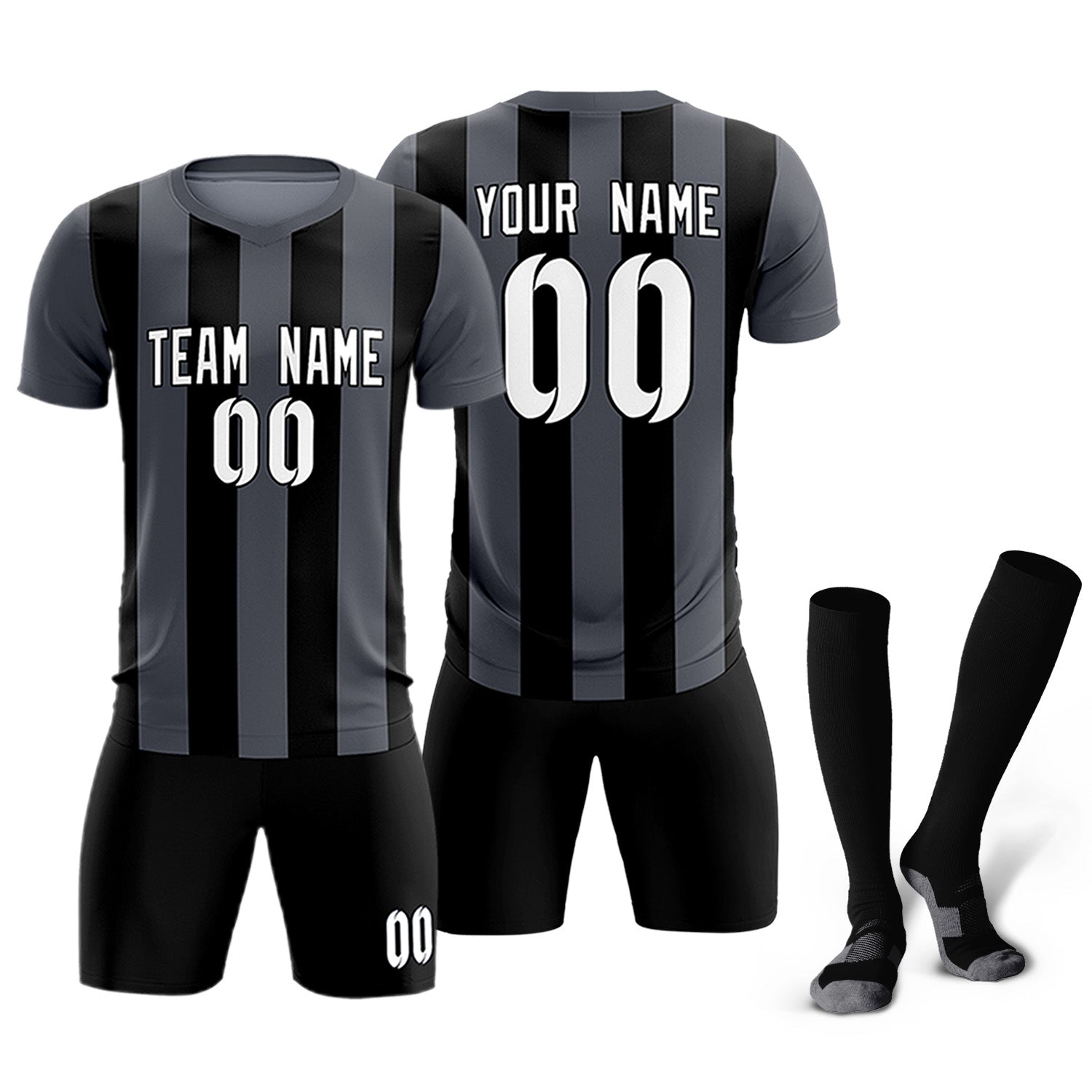 Custom Dark Gray Black Vertical Stripes Casual Outdoor Soccer Sets Jersey