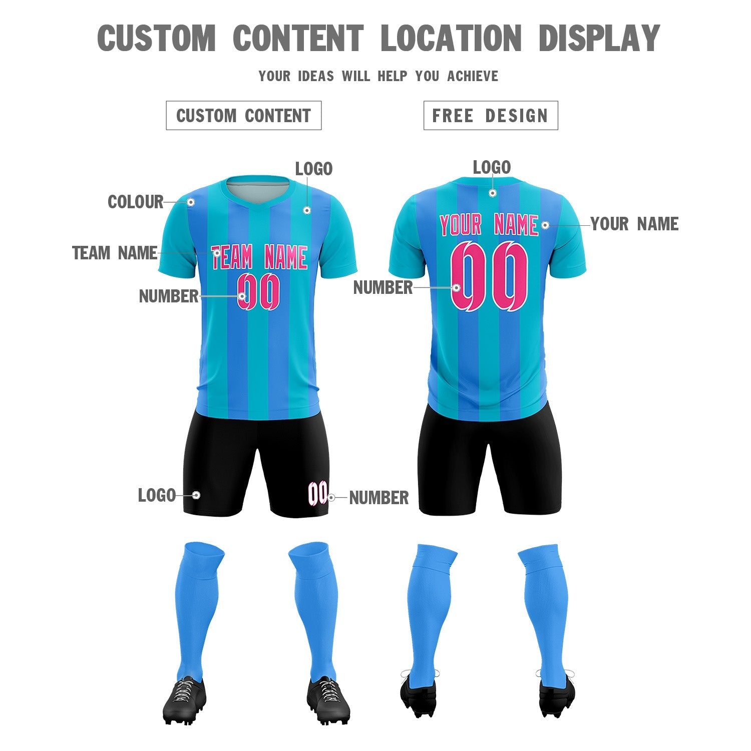 Custom Sky Blue Powder Blue Vertical Stripes Casual Outdoor Soccer Sets Jersey