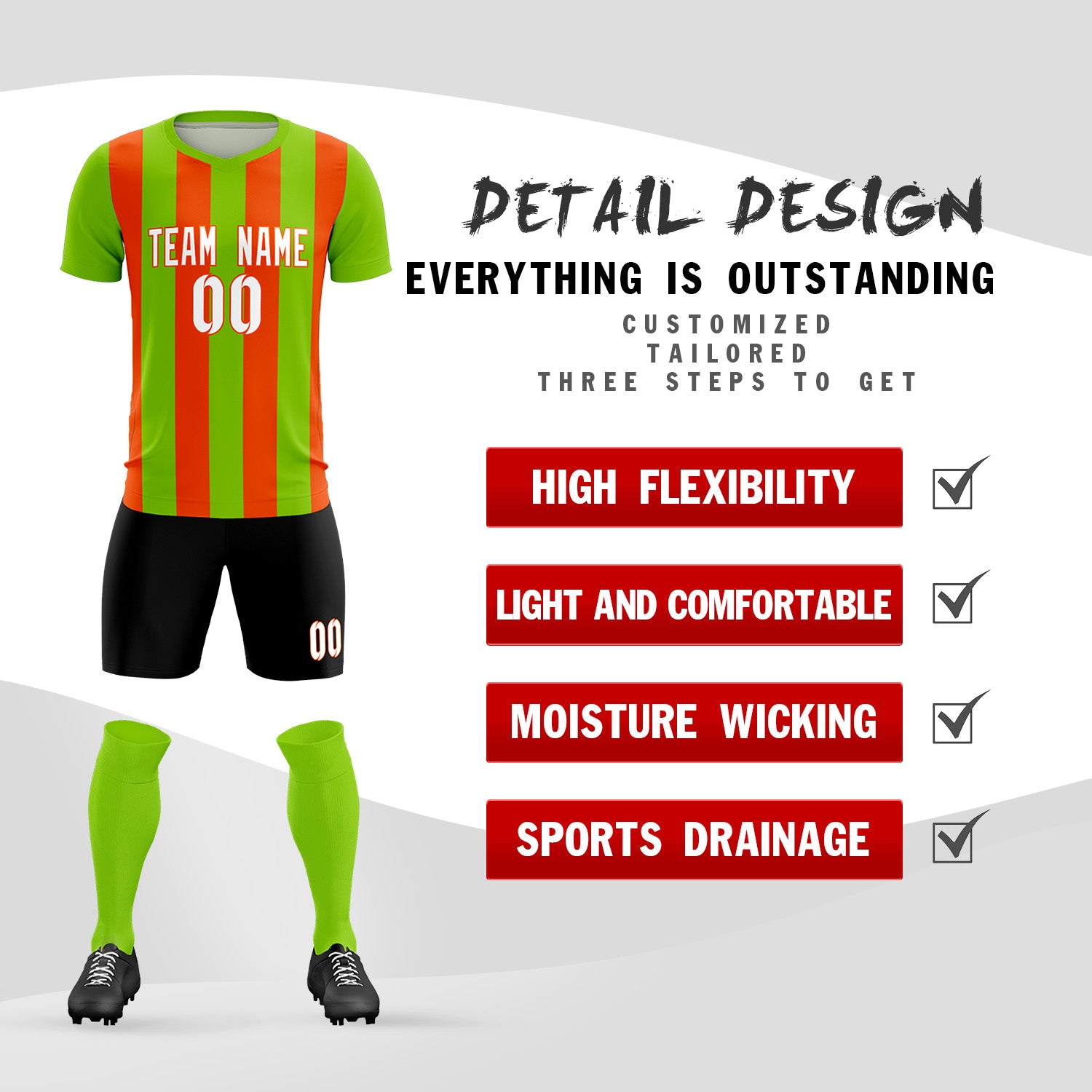 Custom Neon Green Orange Vertical Stripes Casual Outdoor Soccer Sets Jersey