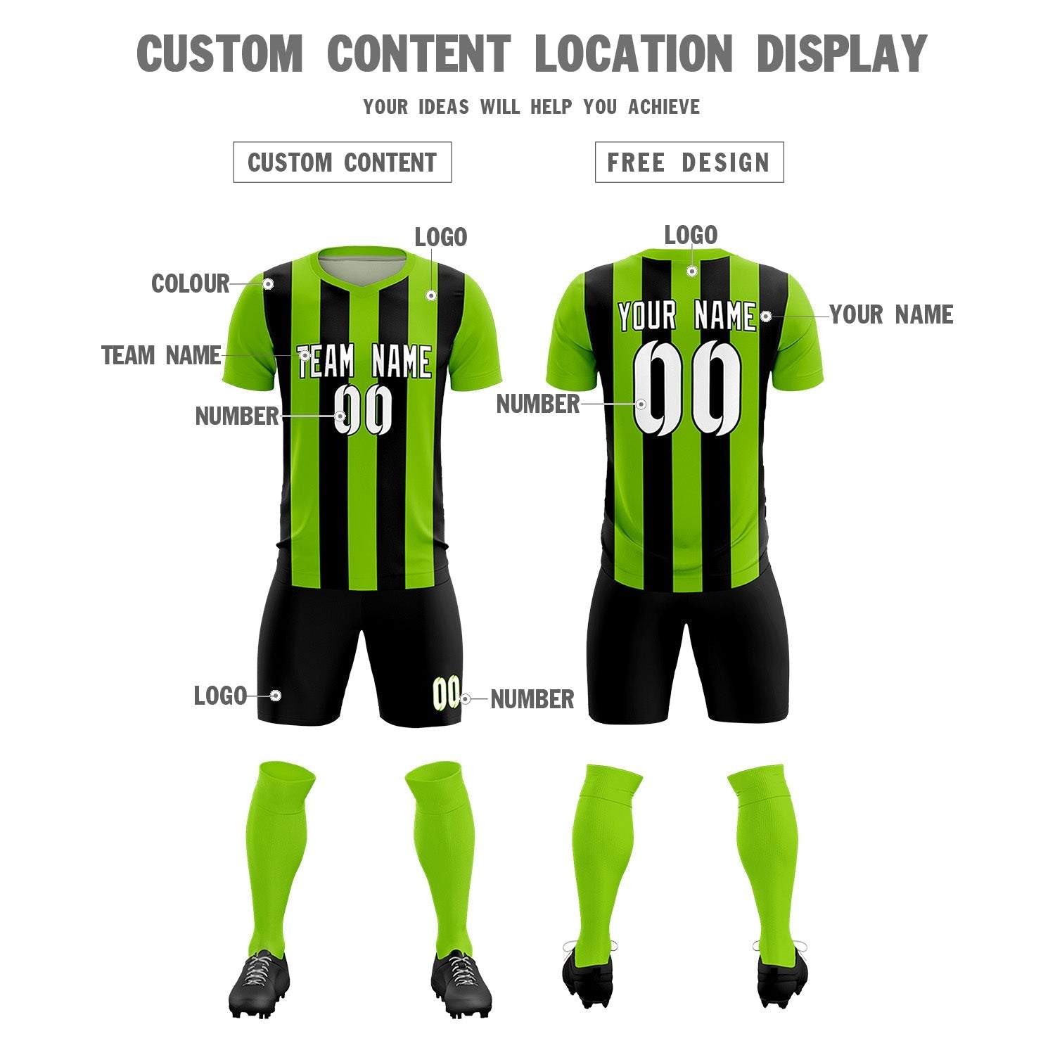 Custom Neon Green Black Vertical Stripes Casual Outdoor Soccer Sets Jersey