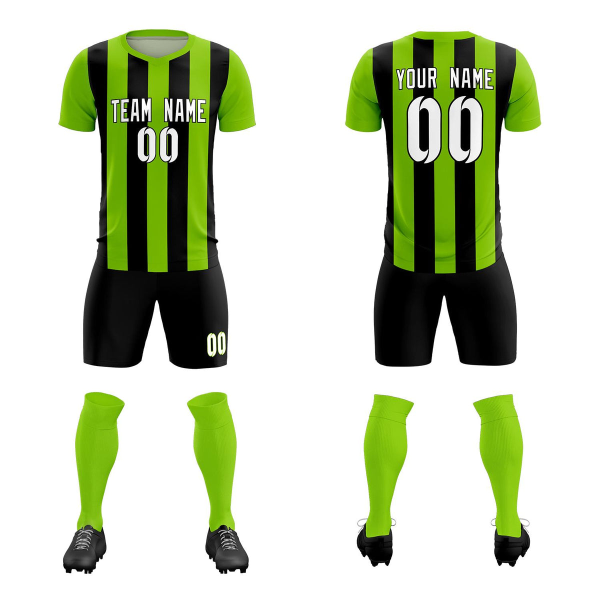 Custom Neon Green Black Vertical Stripes Casual Outdoor Soccer Sets Jersey