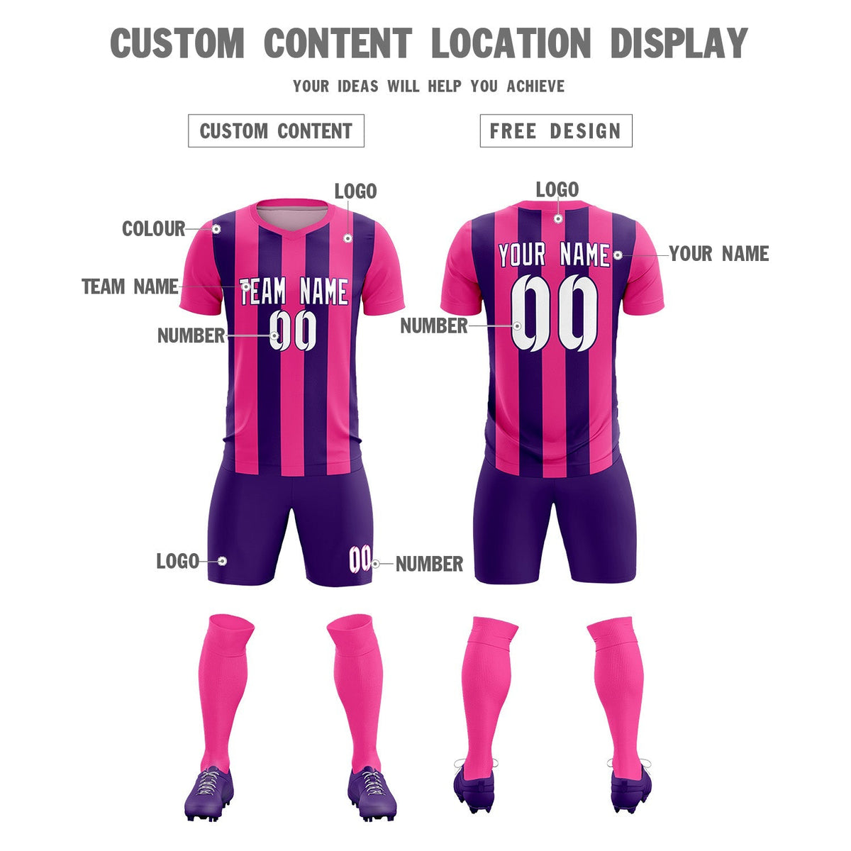 Custom Pink Purple Vertical Stripes Casual Outdoor Soccer Sets Jersey
