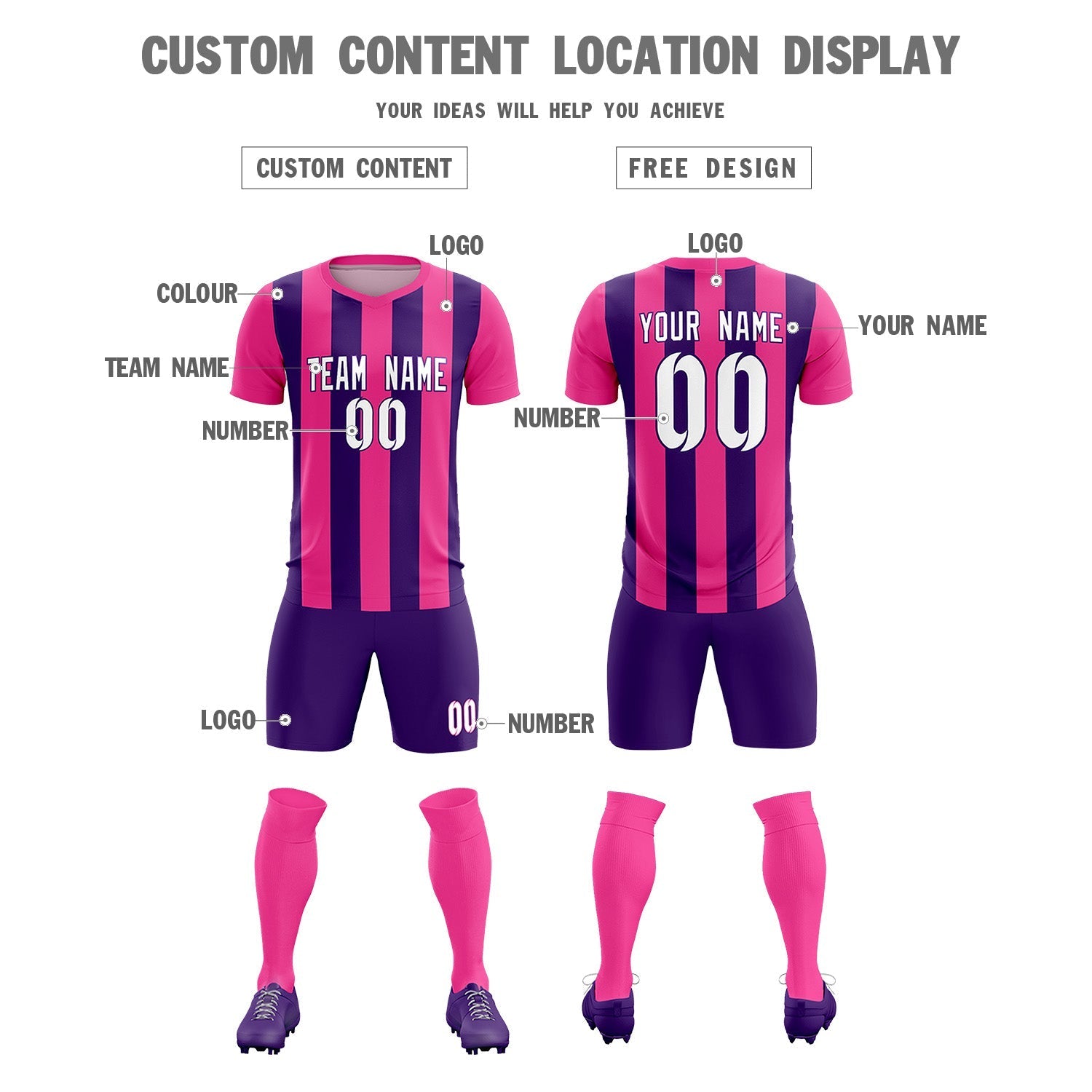 Custom Pink Purple Vertical Stripes Casual Outdoor Soccer Sets Jersey