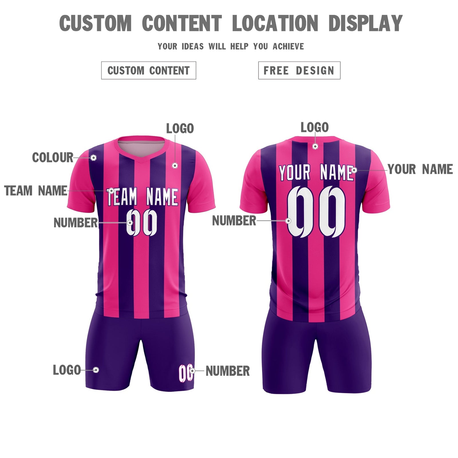 Custom Pink Purple Vertical Stripes Casual Outdoor Soccer Sets Jersey