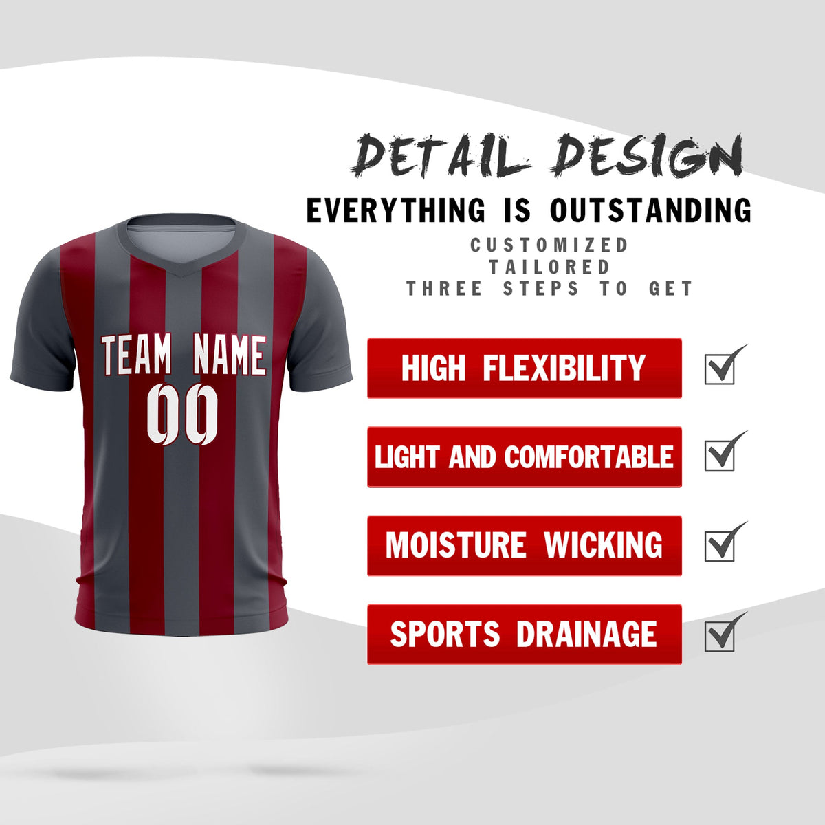 Custom Dark Gray Crimson Vertical Stripes Casual Outdoor Soccer Sets Jersey