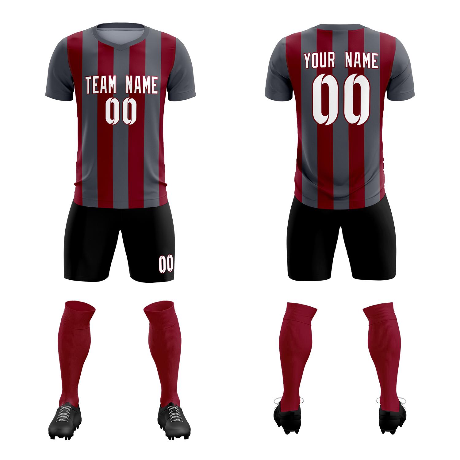 Custom Dark Gray Crimson Vertical Stripes Casual Outdoor Soccer Sets Jersey