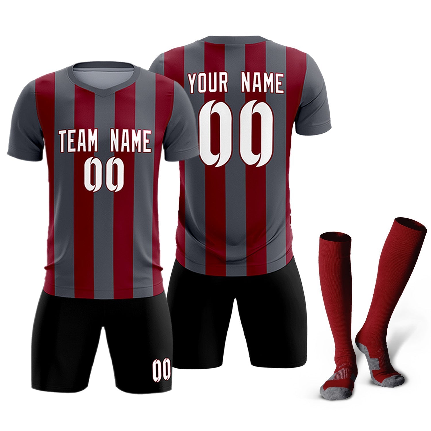 Custom Dark Gray Crimson Vertical Stripes Casual Outdoor Soccer Sets Jersey