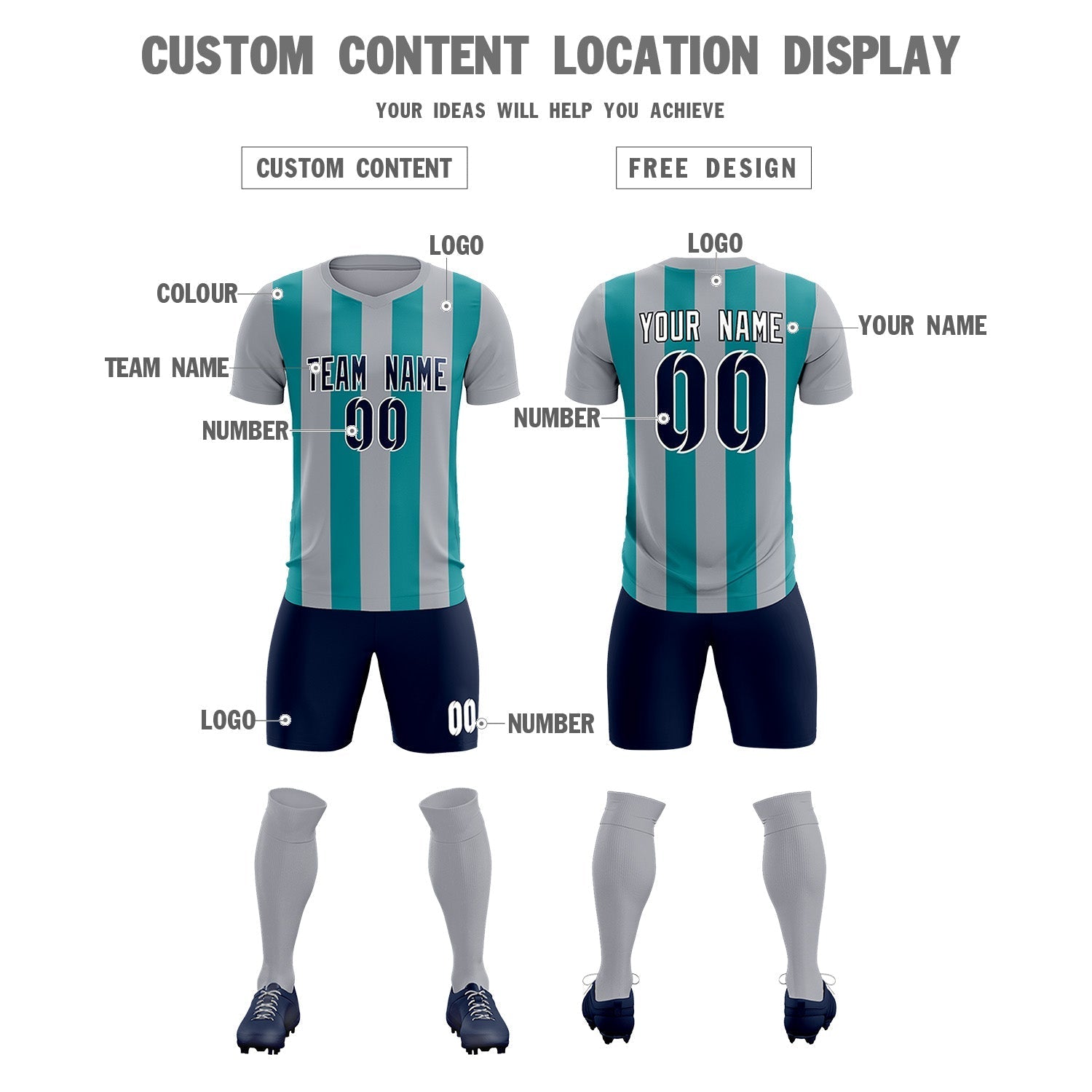 Custom Gray Aqua Vertical Stripes Casual Outdoor Soccer Sets Jersey