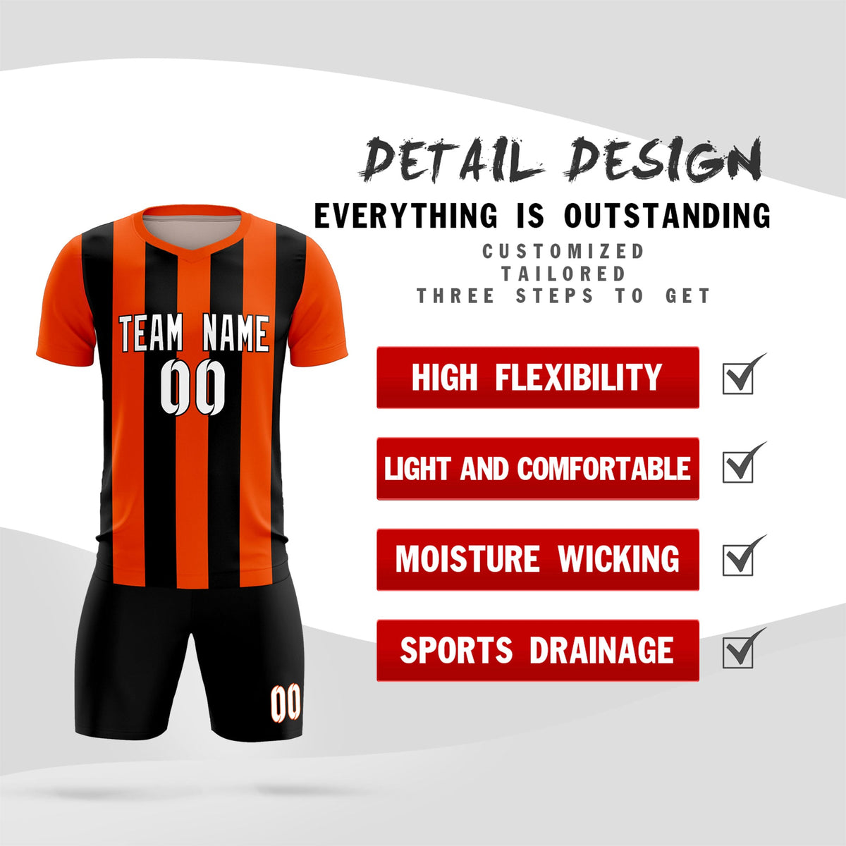Custom Orange Black Vertical Stripes Casual Outdoor Soccer Sets Jersey