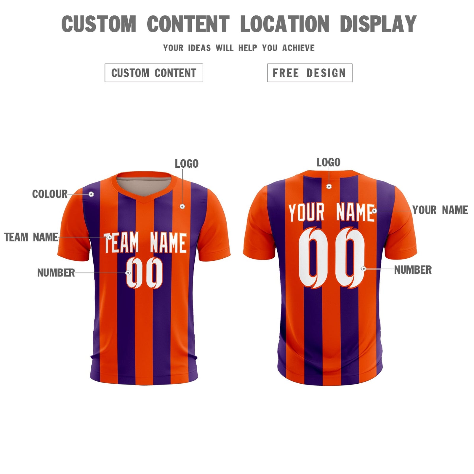Custom Orange Purple Vertical Stripes Casual Outdoor Soccer Sets Jersey