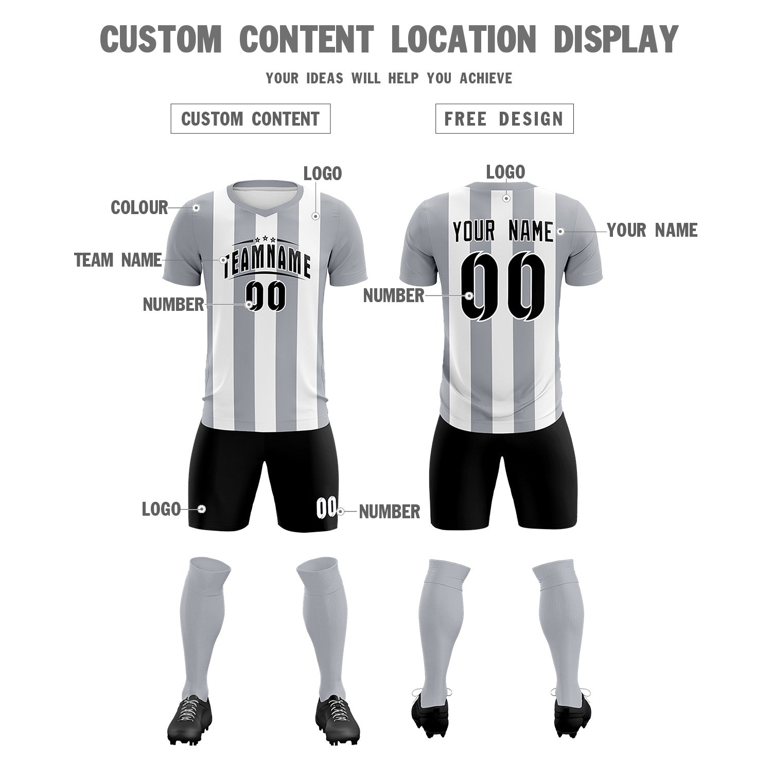 Custom White Gray Vertical Stripes Casual Outdoor Soccer Sets Jersey