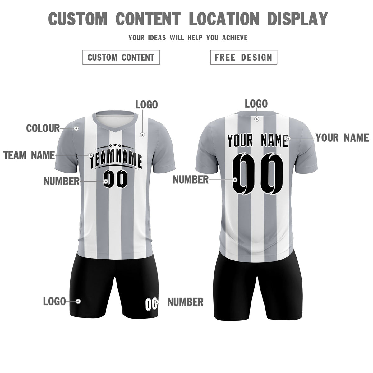 Custom White Gray Vertical Stripes Casual Outdoor Soccer Sets Jersey